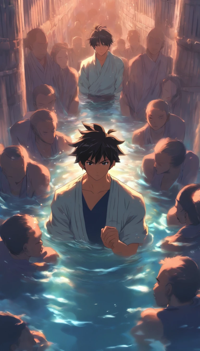 /imagine prompt: A focused man practicing cultivation, surrounded by a peaceful atmosphere, prisoners gathering and reaching a consensus in a water prison, an elder with a troubled expression standing in front of the prison, two girls, Waner and Xuner, being told they should leave, ,32k, best quality, masterpiece, super detail, high details, by Makoto Shinkai ,in the style of the stars art group xing xing, --niji 5"