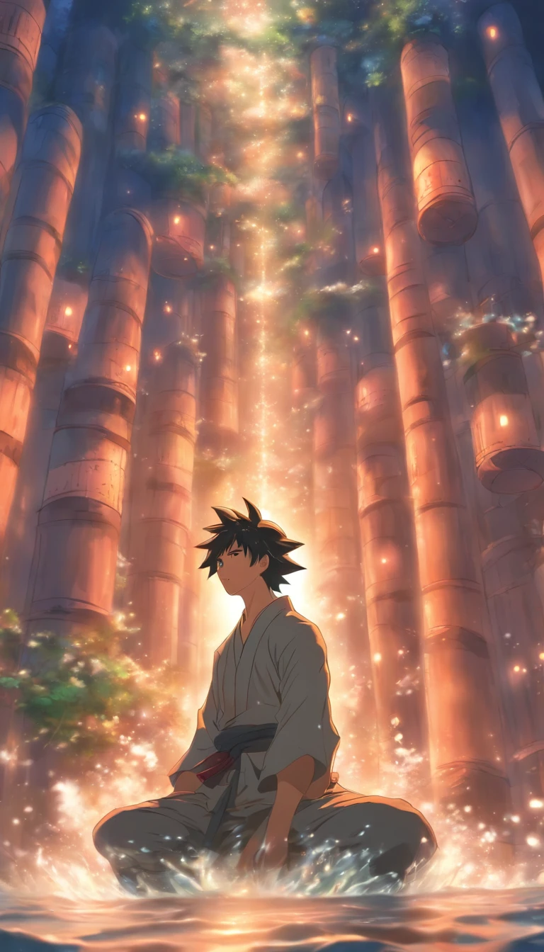 /imagine prompt: A focused man practicing cultivation, surrounded by a peaceful atmosphere, prisoners gathering and reaching a consensus in a water prison, an elder with a troubled expression standing in front of the prison, two girls, Waner and Xuner, being told they should leave, ,32k, best quality, masterpiece, super detail, high details, by Makoto Shinkai ,in the style of the stars art group xing xing, --niji 5"