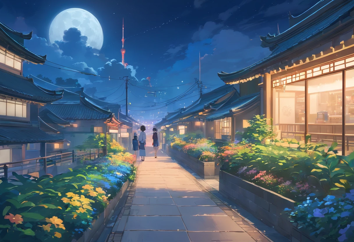Best quality at best,tmasterpiece,The is very detailed,Face details,8K, detailed back ground,There are no characters,There are no humans,There are no characters,There are no roles,Pure landscape view,独奏,Chinese city,Chinese service,the night,themoon,scenecy,high place,horizon,ventania,wind blown,flowerbed