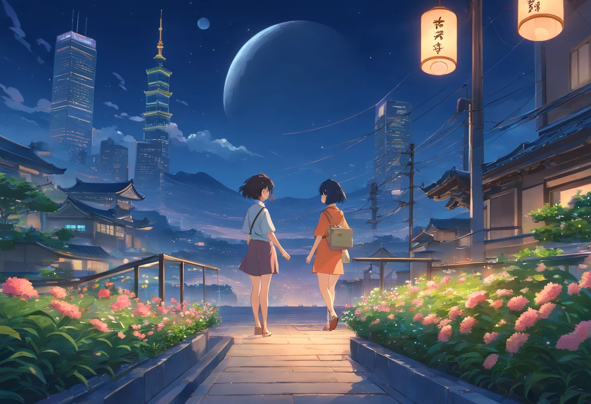 Best quality at best，tmasterpiece，The is very detailed，Face details，8K, detailed back ground，There are no characters，There are no humans，There are no characters，There are no roles，Pure landscape view，独奏，Chinese city，Chinese service，the night，themoon，scenecy，high place，horizon，ventania，wind blown，flowerbed
