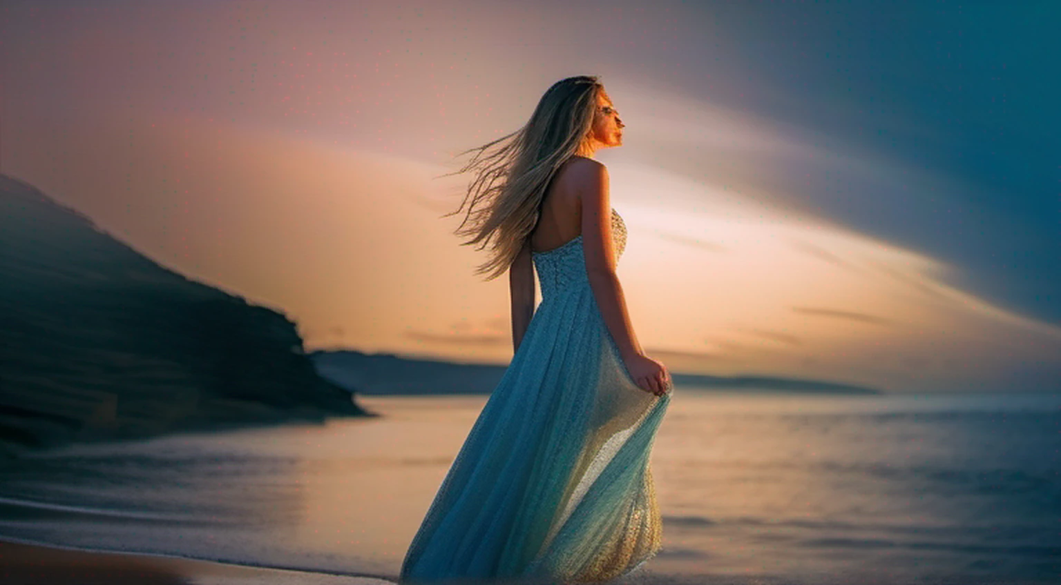 em um ambiente costeiro sereno, A young woman with a mystical ability to control water stands on the edge of a shimmering blue ocean. o sol mergulha abaixo do horizonte, casting a warm golden glow throughout the scene. Como as ondas batem contra a costa rochosa, The girl shapes and manipulates the water effortlessly with outstretched hands. Her flowing aquamarine dress flutters in the wind, accentuating its connection to the sea. The atmosphere is quiet and inspiring, with a magic touch, blonde hair, cabelos expressivos, cabelos brilhantes, heart-shaped shaped pupils, Sorriso leve, Fujicolor, ReFlexo da lente, F/2.8, 35 mm, canon, raios de deus, luz brilhante, 16k, Super Detalhe, Detalhes altos, melhor qualidade, Altas, Premiado, master part, ccurate, anatomicamente correto