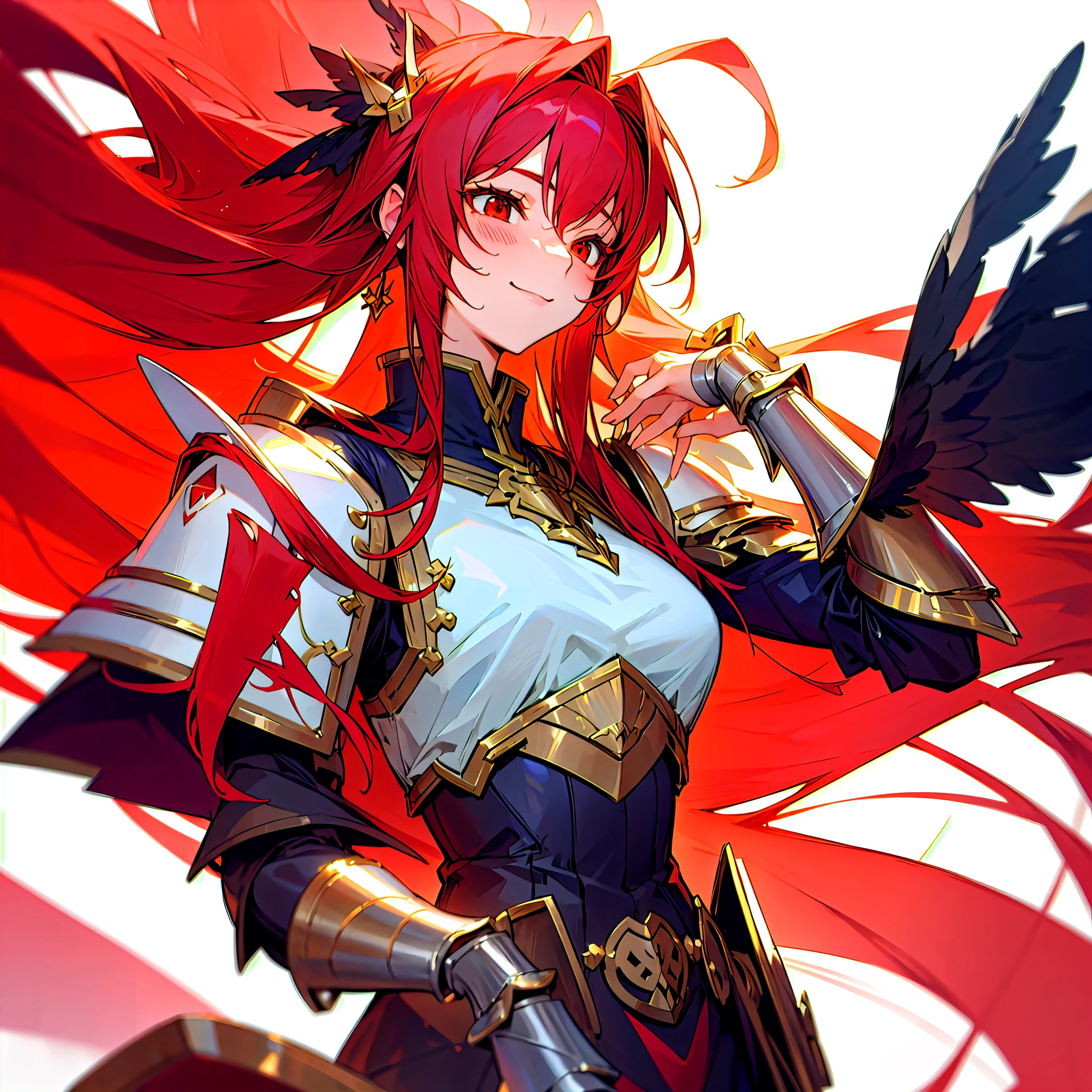 [Anime 1.5], [Goddess 1.5] Crimson long haired, battle armor, Elegant and beautiful, brushing hairs behind ears, highly detailed, cute smile,