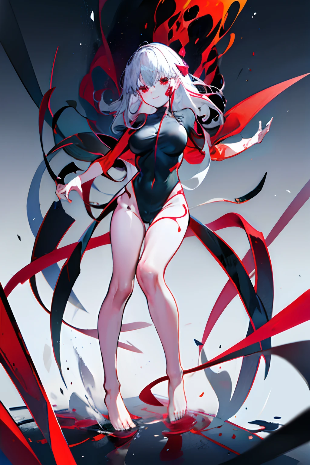 Black full body suit Red lines all over the body 5 year old girl seductiv a smile Bare legged