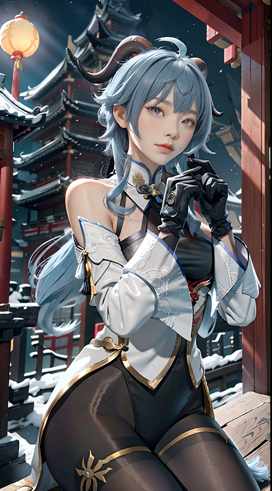 ganyu\(genshin impact\), 1girl, ahoge, architecture, bangs, bare shoulders, bell, black gloves, black tights, ((blue hair), blush, breasts, chinese knot, sleeve, East Asian architecture, flower knot, glove, horn, long hair, looking at the audience, medium chest, neckbell, night, outdoor, pantyhose, purple eyes, sideburns, solo, tassels, white sleeves, ((masterpiece))