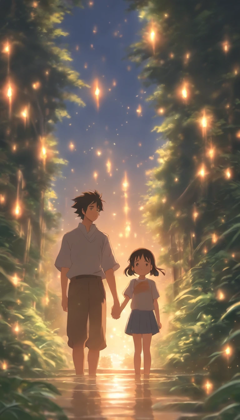 /imagine prompt: A beautiful and melancholic girl, smiling slightly with a determined look in her eyes, standing next to her uncle and reaching out her hand, as if signaling the way to find the holy son. The surroundings are peaceful and mysterious, with sunlight filtering through the leaves and illuminating her smile. ,32k, best quality, masterpiece, super detail, high details, by Makoto Shinkai ,in the style of the stars art group xing xing, --niji 5"