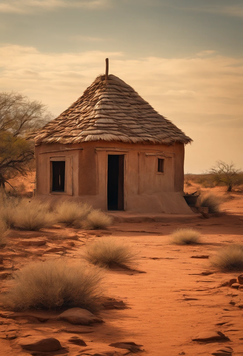 Landscape cartoon, Peinture, Poor dirt house in a dry hinterland with leafless trees with a background of sky, Caatinga, Paysage de Caatinga, Serene landscape of the sertão de Ceará. Ajouter 9 hommes en train de travailler sur la construction, Castaways, hungry, Exhausted