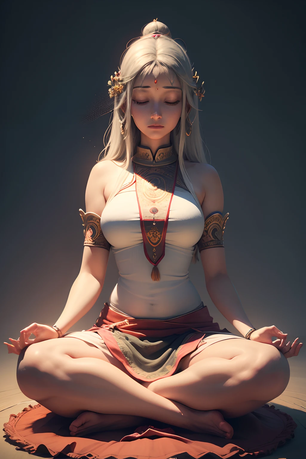 create a realistic 1920 width by 1080 height ratio of a woman meditating in a state of spiritual elevation reaching nirvana in spiritual ecstasy, the image must be in high quality