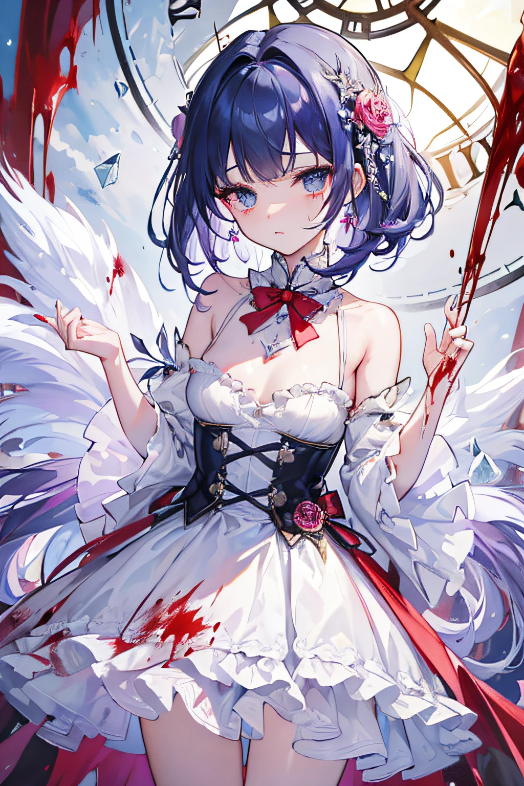Remilia toho character, (solo:1.2), (standing on deck of mansion:1.1), a full moon, midnight, BREAK, short hair, collarbone, (very perky large breasts), (emphasize cleavage), (inconceivably thin waist:1.3), (very short thin torso:1.2), very long (thin legs), emphasize thigh gap, BREAK, (sheer white dress) with (plunging neckline:1.2), shoulder straps, (brown inconceivably wiry corset cinches waist too tight:1.5), frilled (too short white miniskirt), (light blue thighhighs), BREAK, nose blush