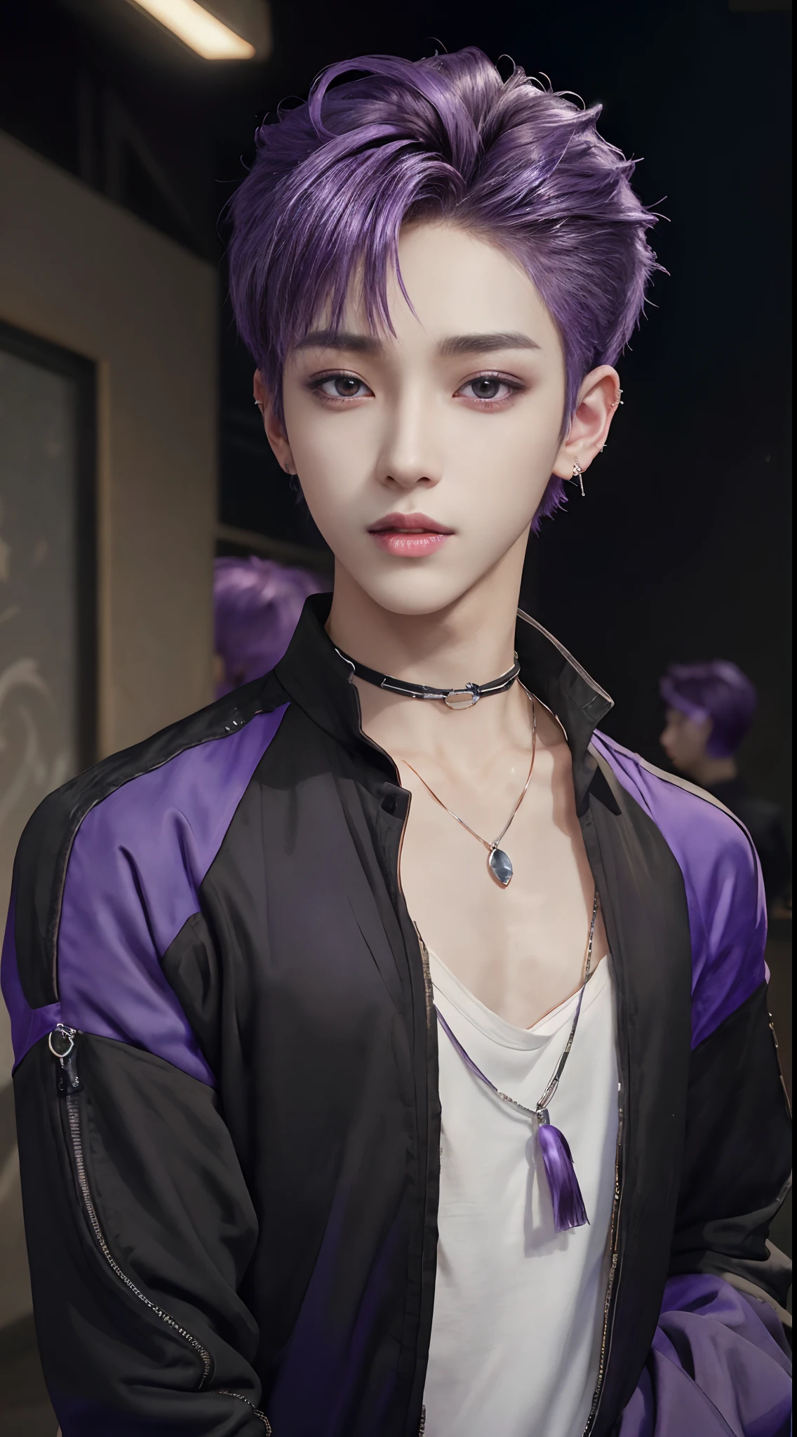 masterpiece, top-quality, 1male people, Adults, ((Black and white fashion plain clothes)), Happiness, tenderness, high-level image quality、nightfall、Korean Male, k pop, Professional Photos, Vampires, Fedoman with necklace, inspired by Sim Sa-jeong, androgynous vampire, :9 detailed face: 8, extra detailed face, detailed punk hair, ((eyes are brown)) baggy eyes, Seductive. Highly detailed, semi realistic anime, Vampires, hyperrealistic , delicate androgynous prince, imvu, short hair above the ears, Man with short hair, ((Purple haired man with wild expression)), ((Man with short hair in bright purple)), ((Only one man))