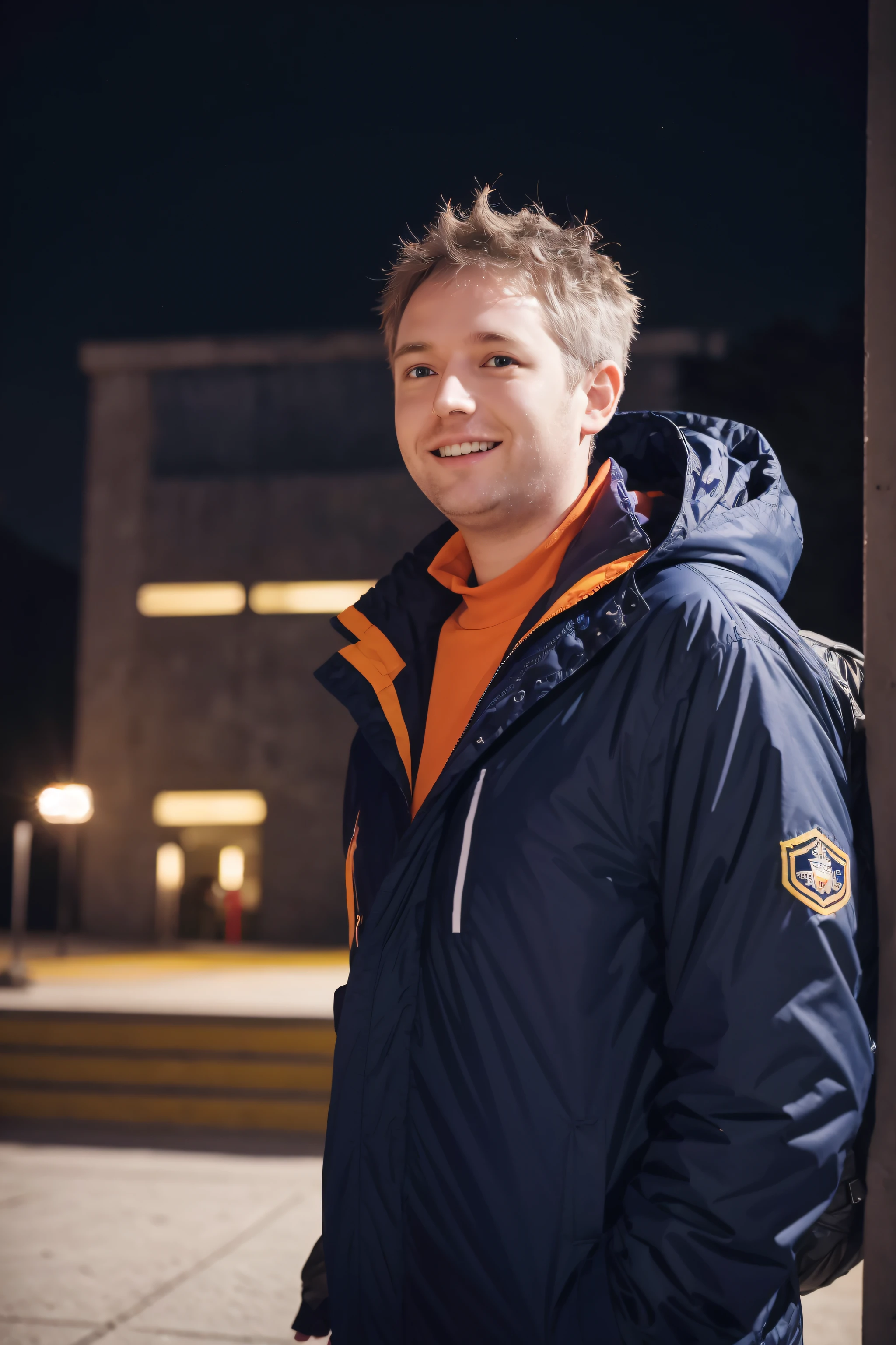 Prompt 5:
NathanLeserman, in his winter jacket, stands at the school's entrance, greeting students as they arrive. Snowflakes gently fall around him, and children's laughter fills the air. A mesmerizing orange glow sets the ambiance, emphasizing the white snowflakes, the navy blue of Nathan's jacket, the yellow of the school bus, and the red of the school's flag.