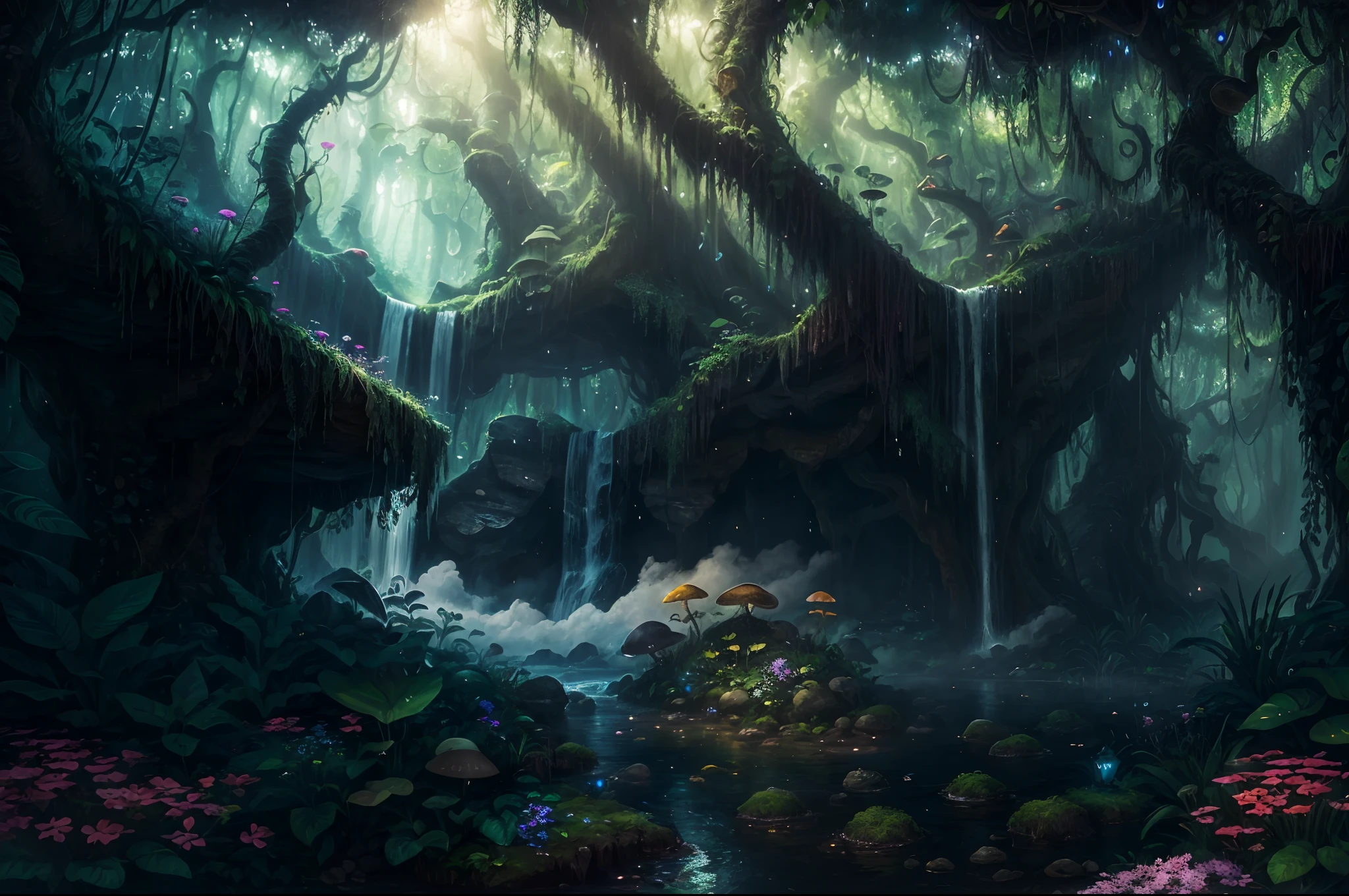 (best quality,4k,8k,highres,masterpiece:1.2),ultra-detailed,realistic,fantasy jungle,enchanted,lush green foliage,vibrant colors,dreamlike atmosphere,magical creatures,glowing flowers,sparkling waterfalls,mystical mist,whispering trees,ethereal light beams,magical plants,giant mushrooms,hidden treasures,playful fairies,dancing fireflies,peaceful solitude,adventure awaits