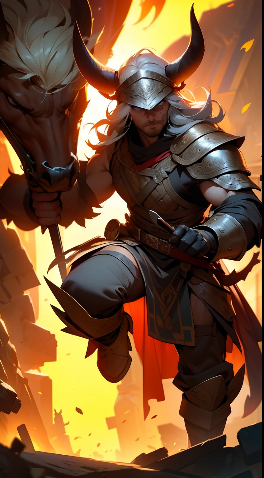 (8k), Ultra resolution 8K, Stunning illustration of a hero wearing a Viking helmet, barba espesa y bien cuidada. Warrior Prince,Traje de guerrero Athletic Body vikingo, armadura de cuero duro como el metal incrustadas runas vikingas, sostiene una gran hacha de batalla, cinematic lighting,action pose, agregar efecto al final,Mythical background, escena de fondo barco vikingo