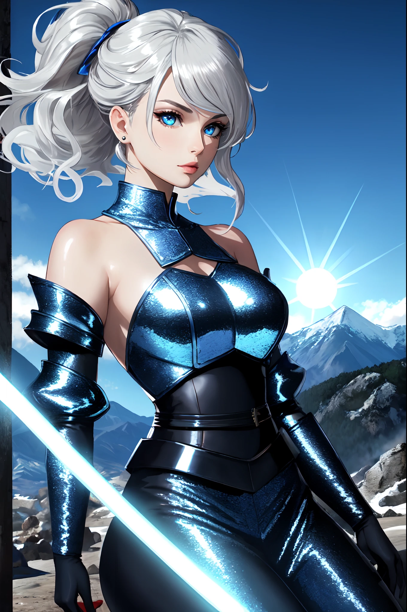 ultra realistic, masterpiece, (mountain, big sun), adult girl, full body, ideal body, serious, gloomy face, rich blue eyes, deep eye shaping, shine eyebrows, lip gloss, narrow nose, blonde hair, wind hairstyle, glowing hair, sequined hair, blue bandage, heavy shoulder pads, silver paladin armor, blue sleeves, blue silk outfits