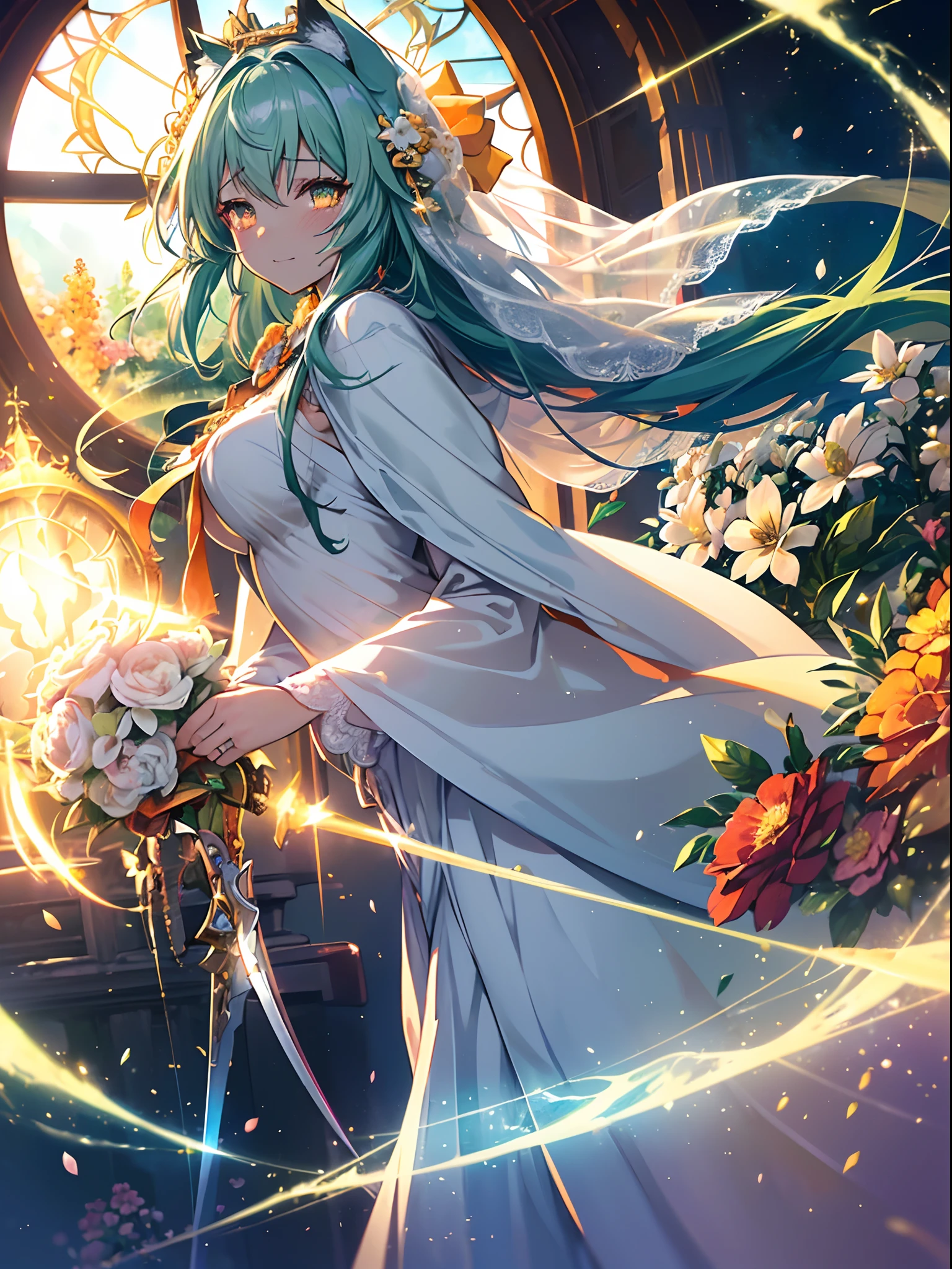 (Perfectly accurate green long hair:1.5),(She has cat ears:1.3) ,(hair messy:1.3),(Stardust Orange Eyes:1.3), (perfectly detailed eyes:1.3),(Adult leeway:1.3),(Face Focus:1.3),(breast closeup:0.7), (Wear a detailed floral ribbon on your head:1.4),(gospel:1.3),(Tears of emotion and happy and happy expressions:1.3),(sad,A smile:1.3),(Maiden's Wedding Dresses:1.3),(Extended Video Angle:1.4),(Magical princess wielding the wind:1.3),(Battle angles that unleash the magic of the wind from your hands:1.3),(dance:1.3),Her skin is pale,(Princess priestess in orange and white and gold wedding:1.3),(small tit:1.5),(Sea, Flowers and wings:1.3),(White and green wedding:1.3),(Green Light Spear:1.3),She is a priestess,Emitting an aura of light,(Face Zoom:1.3),Highest Quality, (Gripping the samurai's sword accurately:1.3),(Many blue glowing blades fly around her:1.3),Complex castle town,Lens Flare, Big rainbow,The moon shines,money, bloom, ((light glow)), chromatic abberation], Digital Painting, Insane details, Intricate details, Beautifully color graded, Anime Clothing,Unreal Engine, Cinematic , colour grading, Editorial Photography , Photography, Kiss Shot, Canon 5D Camera Photography,Shot on 70mm lens, Depth of subject, ultra sharpness, nffsw, octane, Unreal, Dramatic light, Global Illumination,Motion Picture Film,rainbow,lensflare,(Flower Window Avenue:1.3),(White priestess cloak、Orange string:1.3),(Agfacolor:1.3),(close portrait:1.3),(Feminine:1.4),(Beautiful:1.4),(Attractive:1.3),Move an angle,Themed Background,（Rainbow Church Background:1.3）