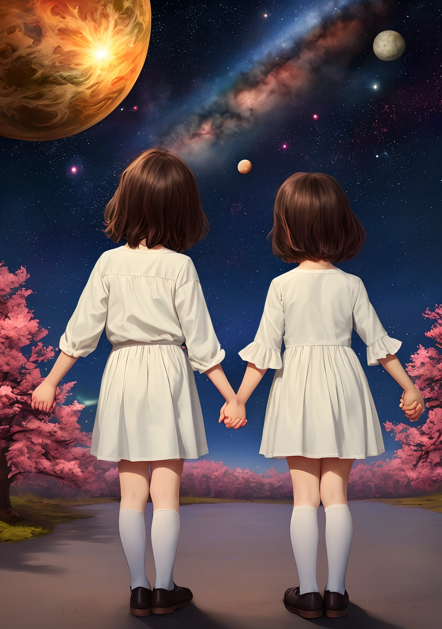 Two children holding hands making arts in the universe
