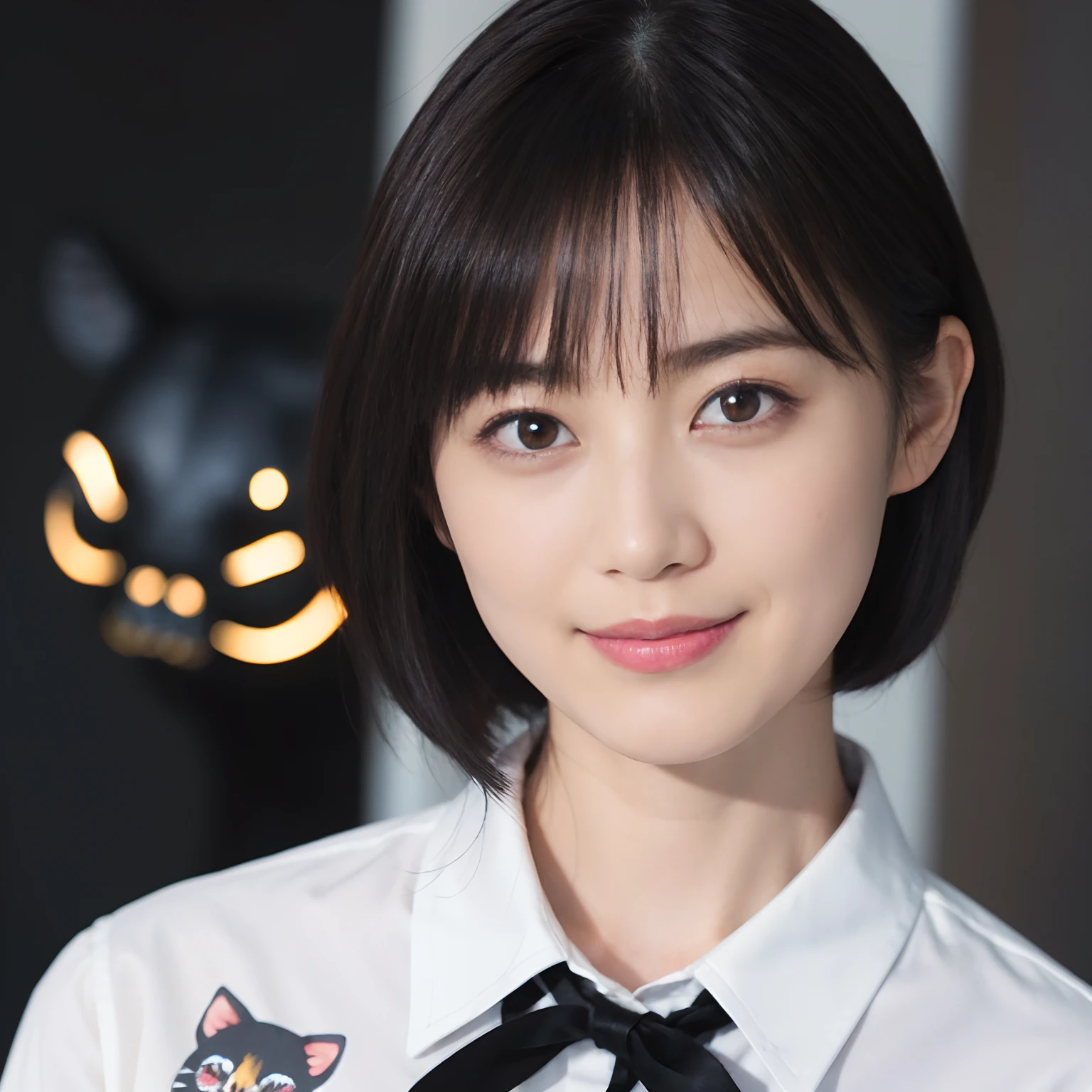 ((1womanl)),  (((Black-short-hair))), （masuter piece：1,3）、top-quality、​masterpiece、hight resolution、Original、highly detailed wallpaper、jeans、(tie up one's hair with a big ribbon), (A slight smil)、a small face、((full breasts))、(Graphic T-shirt with animal character printed)、(light on face)、Live-action style, Beautiful facial features, darkened room, full-shot, full length