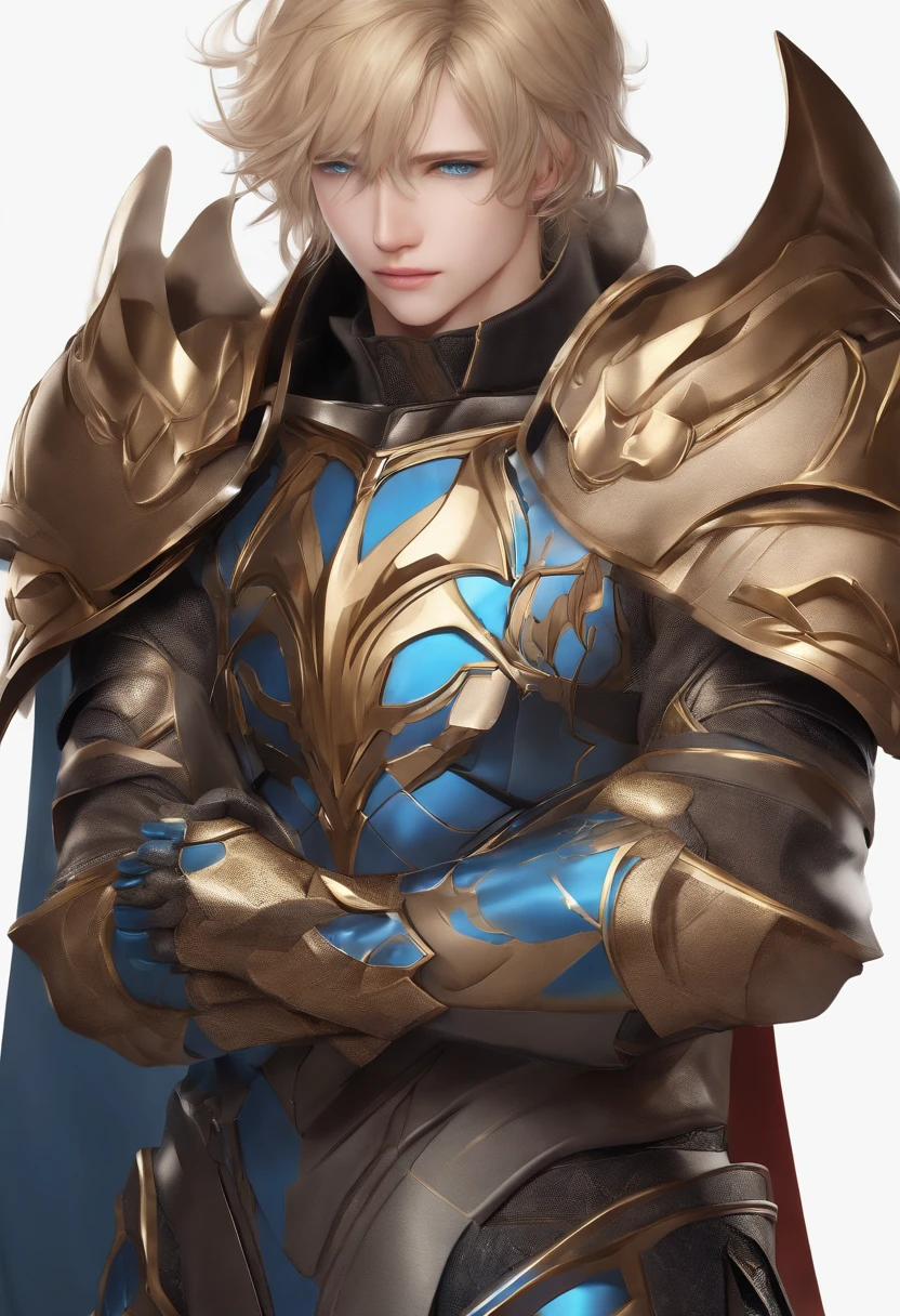 Masterpiece, Best quality, 1人, Adult, Male focus, Solo, Medium blonde hair, Vibrant blue eyes, mitts, view the viewer, Cape, High quality metal texture, Semi-metallic armor, Closed mouth, Black metal gloves, Upper body, bangs, High collar,(kbxll:0.6), fantasy aesthetic, Highly detailed