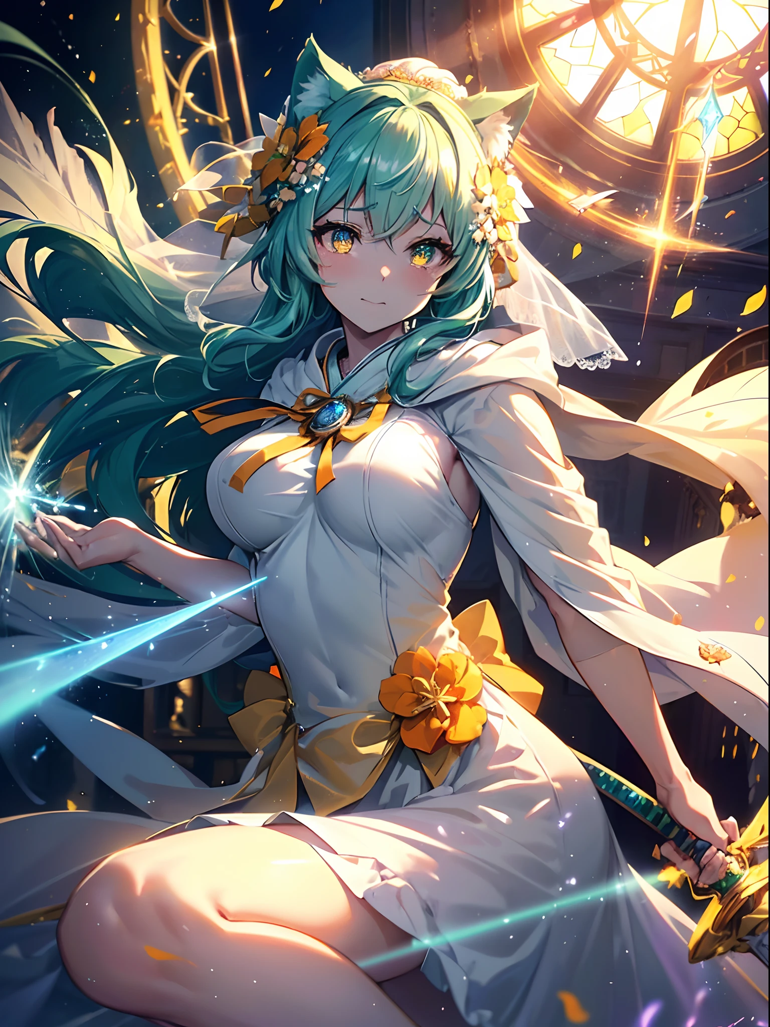 (Perfectly accurate green long hair:1.5),(She has cat ears:1.3) ,(hair messy:1.3),(Stardust Orange Eyes:1.3), (perfectly detailed eyes:1.3),(Adult leeway:1.3),(Face Focus:1.3),(breast closeup:0.7), (Wear a detailed floral ribbon on your head:1.4),(gospel:1.3),(Tears of emotion and happy and happy expressions:1.3),(sad,A smile:1.3),(Maiden's Wedding Dresses:1.3),(Extended Video Angle:1.4),(Magical princess wielding the wind:1.3),(Battle angles that unleash the magic of the wind from your hands:1.3),(dance:1.3),Her skin is pale,(Princess priestess in orange and white and gold wedding:1.3),(small tit:1.5),(Sea, Flowers and wings:1.3),(White and green wedding:1.3),(Green Light Spear:1.3),She is a priestess,Emitting an aura of light,(Face Zoom:1.3),Highest Quality, (Gripping the samurai's sword accurately:1.3),(Many blue glowing blades fly around her:1.3),Complex castle town,Lens Flare, Big rainbow,The moon shines,money, bloom, ((light glow)), chromatic abberation], Digital Painting, Insane details, Intricate details, Beautifully color graded, Anime Clothing,Unreal Engine, Cinematic , colour grading, Editorial Photography , Photography, Kiss Shot, Canon 5D Camera Photography,Shot on 70mm lens, Depth of subject, ultra sharpness, nffsw, octane, Unreal, Dramatic light, Global Illumination,Motion Picture Film,rainbow,lensflare,(Flower Window Avenue:1.3),(White priestess cloak、Orange string:1.3),(Agfacolor:1.3),(close portrait:1.3),(Feminine:1.4),(Beautiful:1.4),(Attractive:1.3),Move an angle,Themed Background,（Rainbow Church Background:1.3）