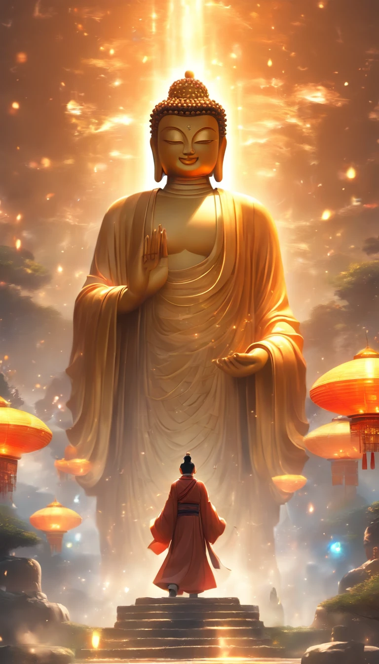 China-style，In the distance, A huge tall Buddha statue stands in space，Gaze at the earth，Standing Buddha statue，with light glowing，Glow effects，A pilgrim walking on the road faces the Buddha statue，Hyper-realistic，Ultra photo realsisim，Real Photographics，8K，High definition，high qulity，Works of masters，super-fine，（Chinese color ink painting style），（（（white colors））），Smudge，ink，（Movie lighting），（light and shadow effect），（Unreal 5),（8K分辨率），（masterpiece），super-fine，high qulity，rendering by octane，glitter effects，（（（OC renderer）））