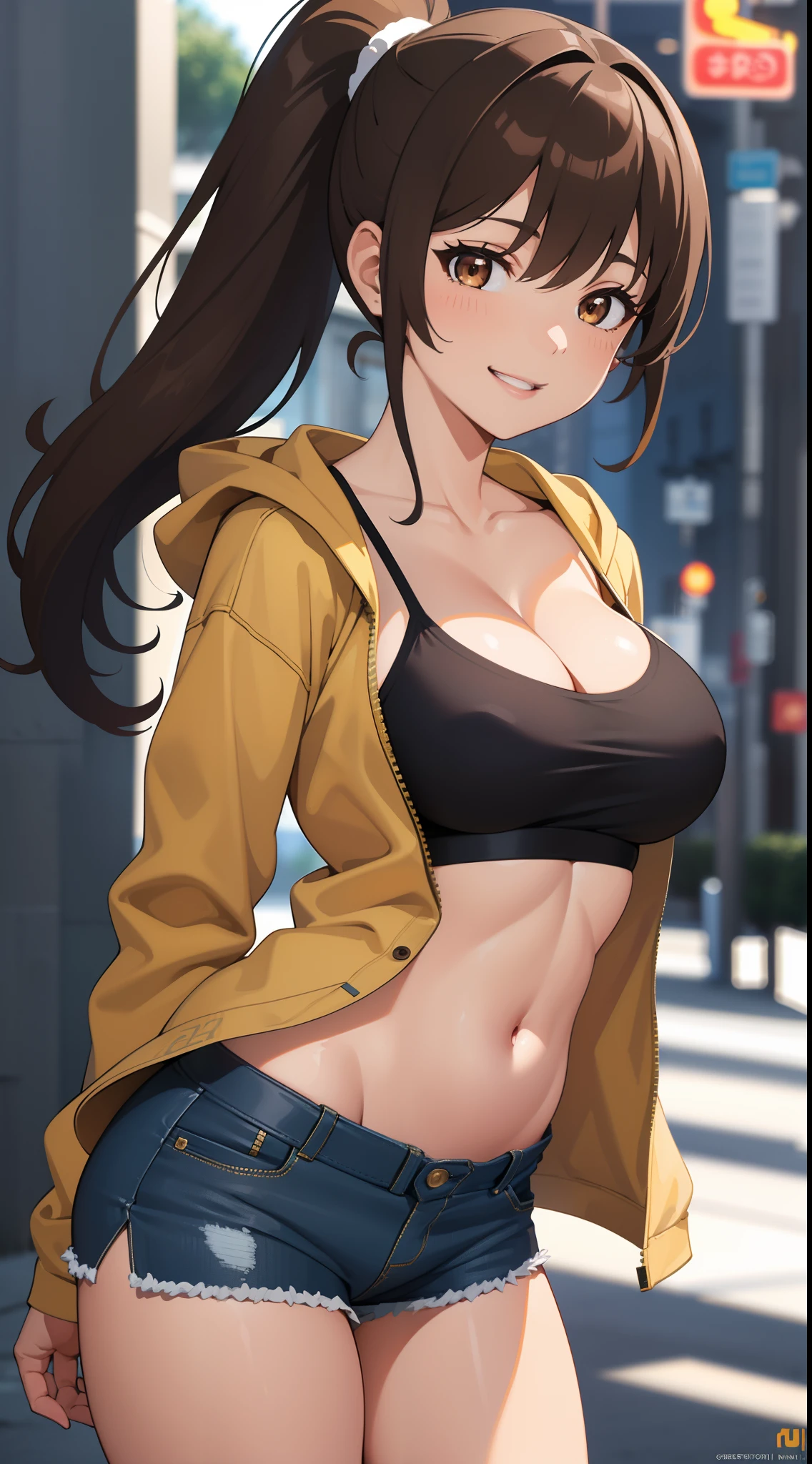 (best quality:1.5, highres, UHD, 4K, detailed lighting, shaders), brown ponytail, large breasts, open hoodie, camisole, shorts, cleavage, street background, (pov, close shot, sexy), smiling