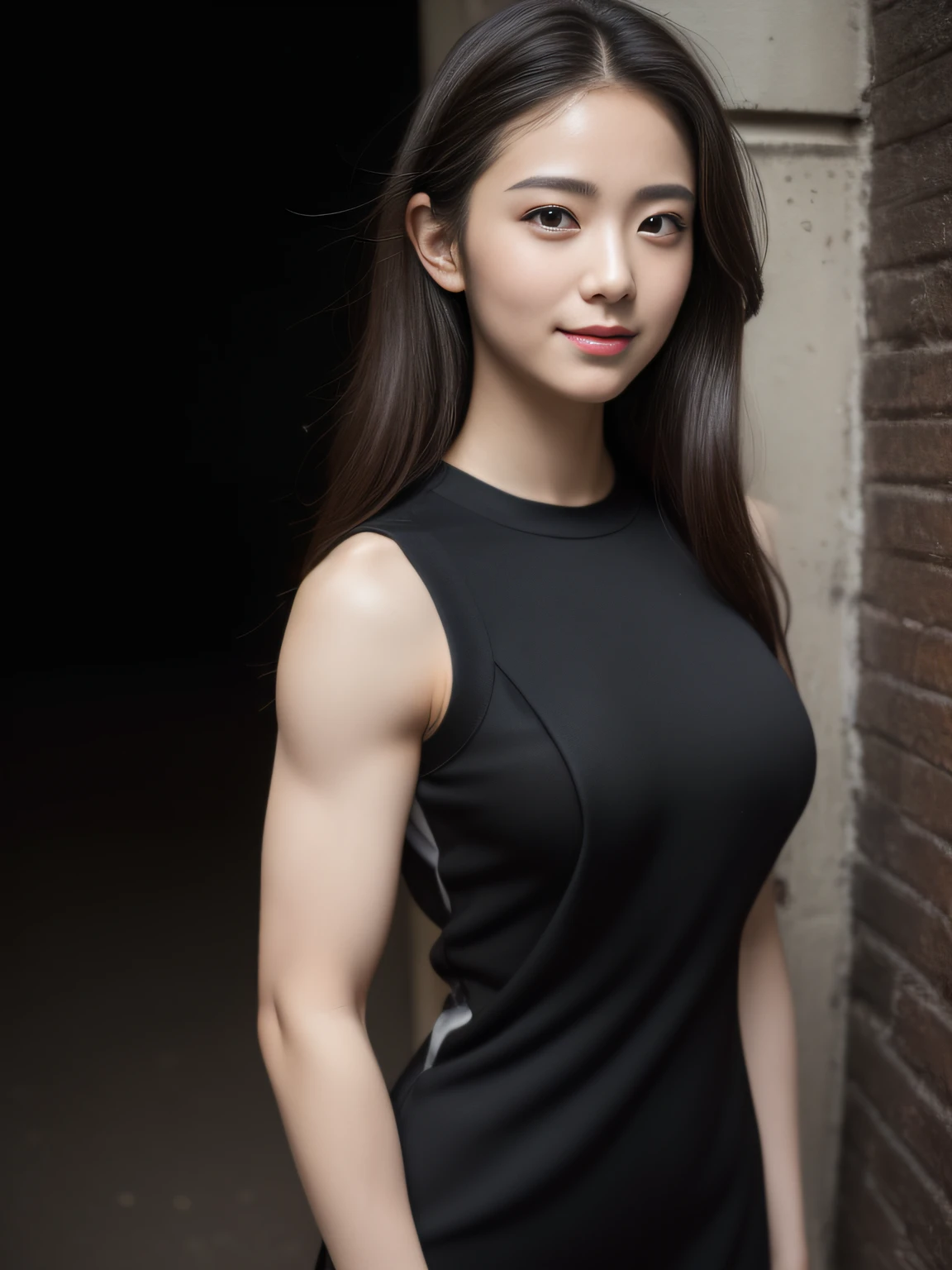 (Raw photo:1.2), (Photorealsitic:1.4), huge filesize, hight resolution, ighly detailed, top-quality, (masterpiece:1.6),(Hyper-realistic: 1.4), ighly detailed, nffsw, finely detail, top-quality, 8k wallpaper,People with Japan,((Girl with clear white skin)),17 age、FULL BODYSHOT、((Muscular woman like a bodybuilder:1.2)) ,(Hourglass-shaped body)、((Huge ass)),((thick and strong legs、Sculpted muscular legs:1.2))、((Thick arms with sculpted muscles:1.3))、wide breasts, ((Disproportionately huge breasts:1.4))、((Lori face:1.2))、Narrow eyes, cute face, Narrow eyes,((A smile))、((Straight hair、One-length))、((((Sleeveless Black Body Con Dress:1.3))))、((Stand at the end of a narrow alley in the middle of the night、A big city lined with neon-lit Western-style izakayas))、 (Realistic: 1.3), (Smooth lighting: 1.05), (Improved cinematic lighting: 0.9), Realistic lighting, Backlight, Face Light, raytrace, (Whitening light: 1.2), (Image enhancement: 1.4), ( Top quality real skins: 1.4), (Body Line Mood Increase:1.1), (Skin Texture Enhancement Beauty:1.1),