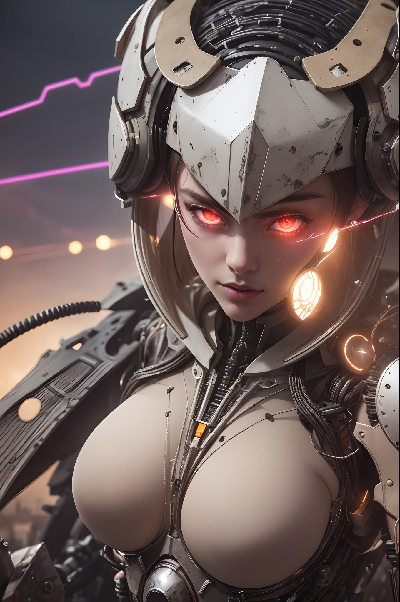 1mechanical_girl_with_kidou_keisatsu_patlabor_body , wearing_intricate_bioluminescent_mechanical_cyborg_armor_made_out_of ((white_beige_old_plastic)) , ((ultra realistic details)), detailed_face, global_illumination, shadows, octane_render, 8k, ultra_sharp, metal, ornaments_detailed, cold_colors, egypician_detail, highly_intricate_details, realistic_light, trending_on_cgsociety, glowing_eyes, look down on someone, ((from below)), lifted by self, looking at viewer, neon_details, machanical_limbs, blood_vessels_connected_to_tubes, ((lot_wires_and_cables_connecting_to_head_and_body)), killing_machine, extremely_sexy, lustful, medium breasts, slutty , official wallpaper, NSFW, In the style of Neon Genesis Evangelion, you find yourself standing on a desolate, post - apocalyptic wasteland, as the distant ruins of a massive city loom on the horizon. The sky is filled with ominous clouds, as a massive creature towers in the distance, cinematic light, dramatic light, pink + violet
