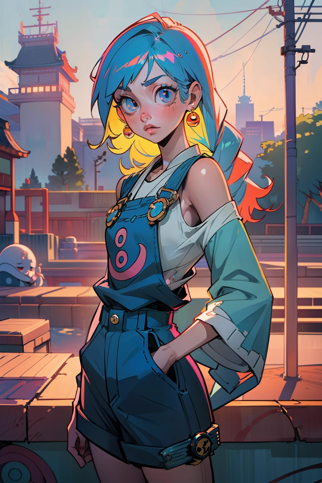 japanese garden in japanese city park, (red and blue hair girl and) (blue and yellow haired girl) PINK THEMED PHOTO, Light blue jean skirt overalls,rock star covered in jewel-encrusted clothing, detailed face, magazine, capture a candid moment, create a sense of mystery, sigma, 85mm f/1.4, 15mm, 35m, show off unique style, (waterside views) Outdoor (on a rock) Blue aqua LONG CURLY hair with yellow and white streaks GIRL sunset on her window, strappy top shirt with charms and chest vent, hair accesories, modern outfit, witch dress, witch costume, petting creatures,(8K, 4K, Best Quality, hight resolution:1.2), (maasterpiece, Realistic, photos realistic:1.37), 1girll, Solo, Beautiful face, eye lashes, nase, Glossy lips, (Detailed eyes, view the viewer, Fair skin, White skin:1.5), glowing elements, light effects, light rays, back lighting, warm back light, background is just pillows and curtains, window with a view, extremely long braided hair, cute hat, flowers, tattoos, piercings, fishnets, skirt, and tank top, y2k, white water, Ultra maniac anime manga style theme (nana manga)Kamikaze kaitoujin, full body high quality 4k illustration, ceiling view pose girl looking into camera from a white bedsheet and blood splatter, Junji ito style, is a Japanese horror manga series written and illustrated by Junji Ito, horror illustration, (uzumaki) (tomie) (a girl,beauty,2girls,3girls)cool detailed eyes,beautiful detailed lips,extremely detailed eyes and face,longeyelashes,colorful hair,stylish outfit, earrings (yummy) food in a dynamic pose(aesthetic style),vibrant colors,street-art inspired background,urban lighting, pearly white and orange, horror Comic book. White hair streaks, aqua blue hair, hair with a lot of flow and blonde, city scape, futuristic clothes, group photo,