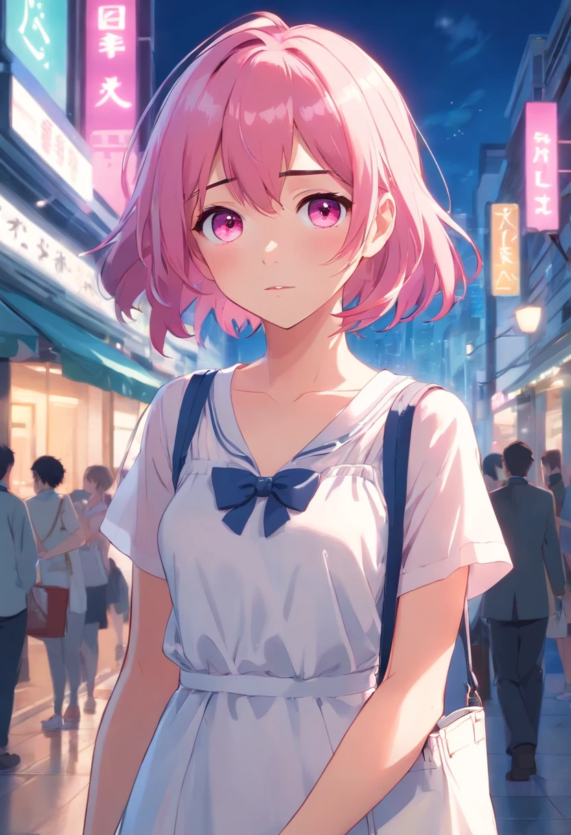 A shy girl with pink hair, Pink eyes, A white dress, Holding a white bag