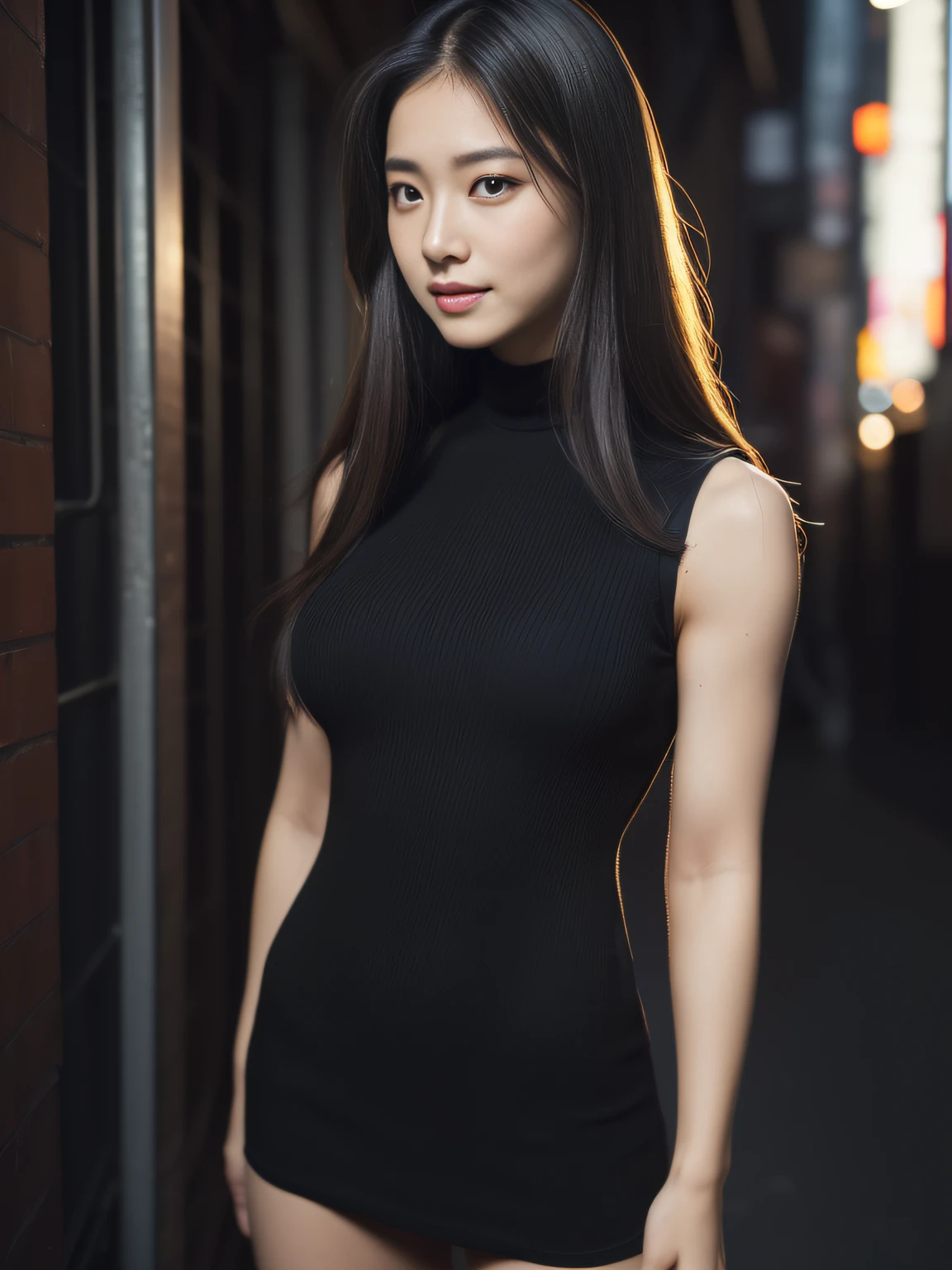 (Raw photo:1.2), (Photorealsitic:1.4), huge filesize, hight resolution, ighly detailed, top-quality, (masterpiece:1.6),(Hyper-realistic: 1.4), ighly detailed, nffsw, finely detail, top-quality, 8k wallpaper,People with Japan,((Girl with clear white skin)),17 age、FULL BODYSHOT、((Muscular woman like a bodybuilder:1.2)) ,(Hourglass-shaped body)、((Huge ass)),((thick and strong legs、Sculpted muscular legs:1.2))、((Thick arms with sculpted muscles:1.3))、wide breasts, ((Disproportionately huge breasts:1.4))、((Lori face:1.2))、Narrow eyes, cute face, Narrow eyes,((A smile))、((Straight hair、One-length))、((((Sleeveless Black Body Con Dress:1.3))))、((Stand at the end of a narrow alley in the middle of the night、A big city lined with neon-lit Western-style izakayas))、 (Realistic: 1.3), (Smooth lighting: 1.05), (Improved cinematic lighting: 0.9), Realistic lighting, Backlight, Face Light, raytrace, (Whitening light: 1.2), (Image enhancement: 1.4), ( Top quality real skins: 1.4), (Body Line Mood Increase:1.1), (Skin Texture Enhancement Beauty:1.1),
