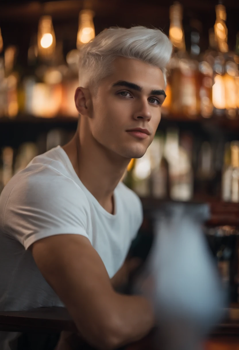 a 25 year old young man, in front of a bar, t-shirt, short white hair, looking directly at the camera, close range, hd, 8k