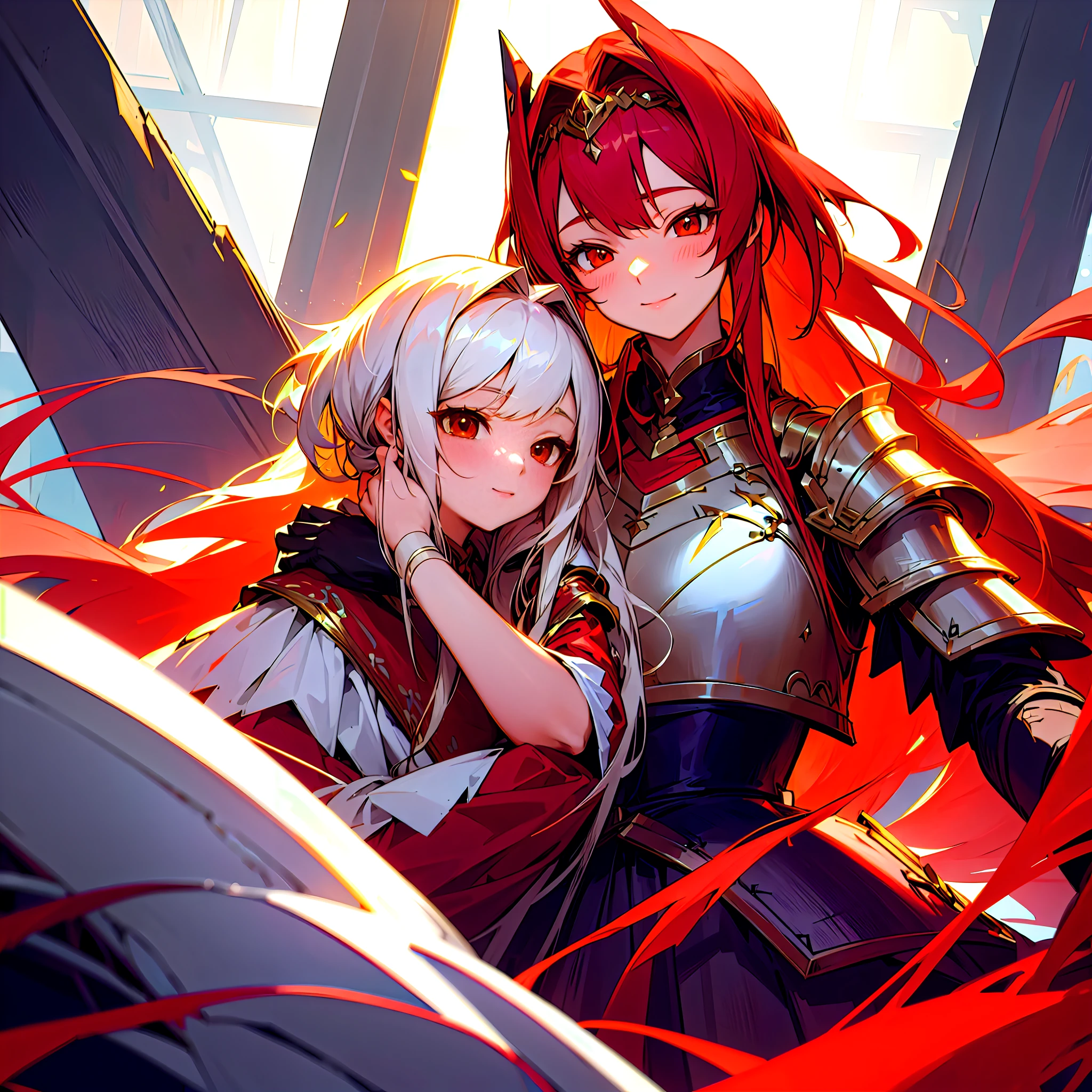 [Anime 1.5], [Goddess 1.5] Crimson long haired, battle armor, Elegant and beautiful, brushing hairs behind ears, highly detailed, cute smile, duo girl, sisters