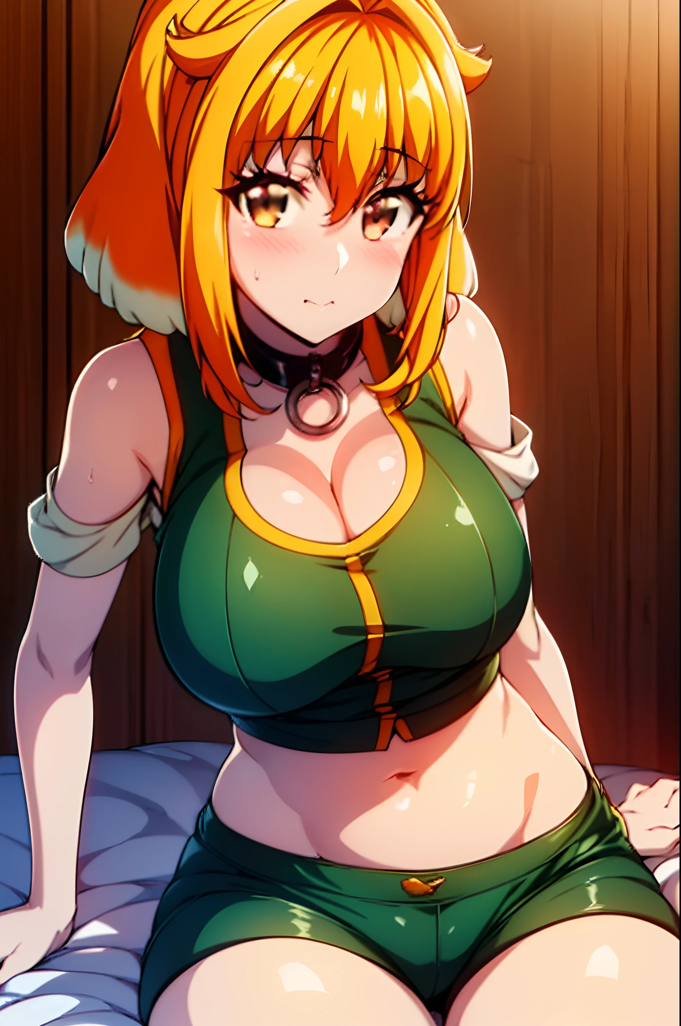 Dense forest in front of the background,Green and brown costume with height top,Green jacket, Bare_shoulders, Navel,Green_Shorts, Blonde hair,long_hair,shairband,Bangs, brown_Eyes, 1 girl, 20yr old,infp young woman,Beautiful Finger,Beautiful long legs,Beautiful body,Beautiful nose,Beautiful character design, Perfect eyes, Perfect face, Looking at Viewer,(The upper part of the body_Body),(Focus on her face), NSFW,Official art,the Extremely Detailed CG Unity 8K Wallpapers, Perfect Lighting,Colorful, Bright_front_Face_Lighting, (masutepiece:1.0),(best_quality:1.0), 超A high resolution,4K,Ultra-detailed, Photography, 8K, nffsw, hight resolution, absurderes:1.2, Kodak Portra 400, Film grain, Blurry background, Bokeh:1.2, Lens Flare, (Vibrant_Color:1.2) (Beautiful,Large_breasts:1.4), (Beautiful_Face:1.5),(narrow_waist),