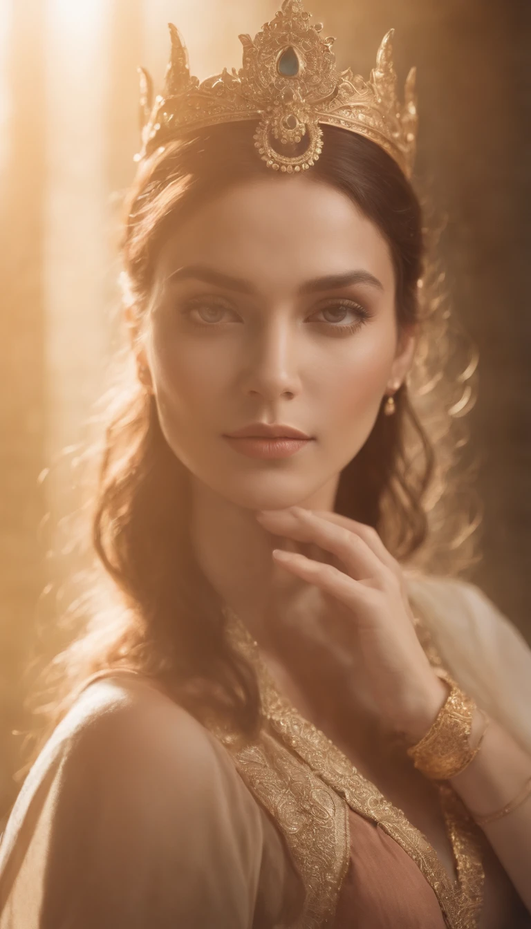 Generate a majestic image of a divine-looking goddess, surrounded by an aura of power and grace, emanando sabedoria