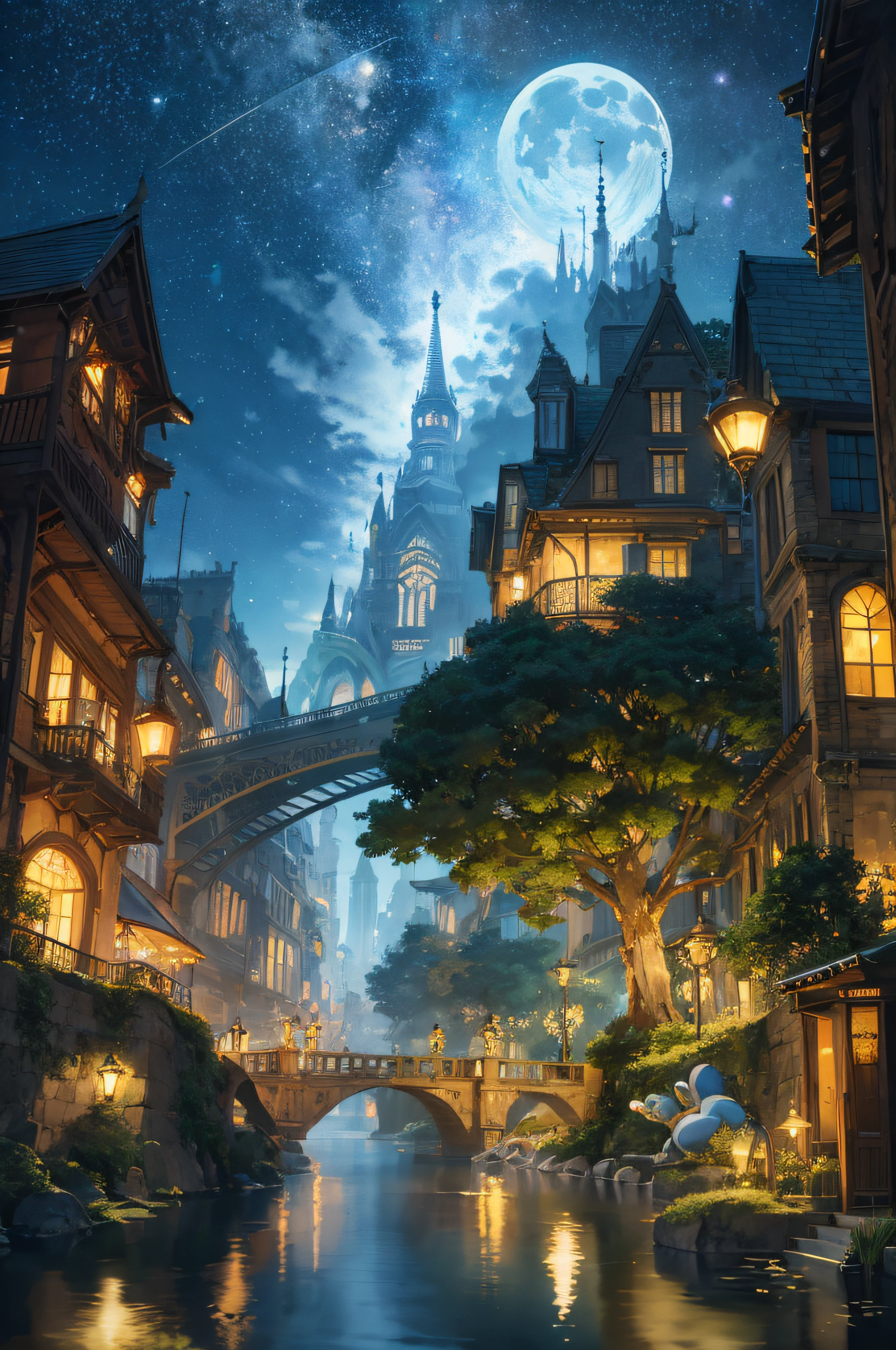 As nightfall descends, the sky transforms into a vast canvas of celestial wonders. Countless stars twinkle with ethereal brilliance, casting their gentle light upon the landscape below. The moon, full and radiant, bathes the scene in a soft, luminescent glow, illuminating every intricate detail with a touch of magic.
At the heart of the composition stands a majestic mechanical frog, a true marvel of craftsmanship and imagination. Its metallic exterior, adorned with ornate engravings and delicate filigree, reflects the moonlight in a shimmering dance. Gears and cogs of all sizes intricately interlock, bringing the frog to life with a symphony of mechanical movements.
Perched atop the frog's broad back is a captivating sight—a bustling city, meticulously crafted in miniature form. Towering skyscrapers adorned with vibrant neon lights soar towards the heavens, casting a kaleidoscope of colors onto the night sky. The cityscape comes alive with bustling streets, where tiny figures go about their daily lives amidst the vibrant energy of a cyberpunk dreamscape.
As the mechanical frog traverses the landscape, its movements create a gentle rumble, echoing through the air and adding a touch of whimsy to the scene. It gracefully hops from one patch of lush grass to another, its progress leaving behind a trail of luminescent stardust that dances in the night.
Surrounding the mechanical frog and its miniature city, an enchanting natural world unfolds. Tranquil ponds reflect the starry heavens above, their surfaces shimmering like liquid diamonds. Water lilies grace the calm waters, their delicate petals glowing softly in the moonlight. Nearby, a serene forest stands proud, with towering trees adorned in bioluminescent moss that casts an otherworldly glow upon the surroundings.
As you explore the landscape further, you discover hidden nooks and crannies adorned with whimsical details. Tiny bridges span miniature rivers, connecting different sections of the cityscape. Waterfa