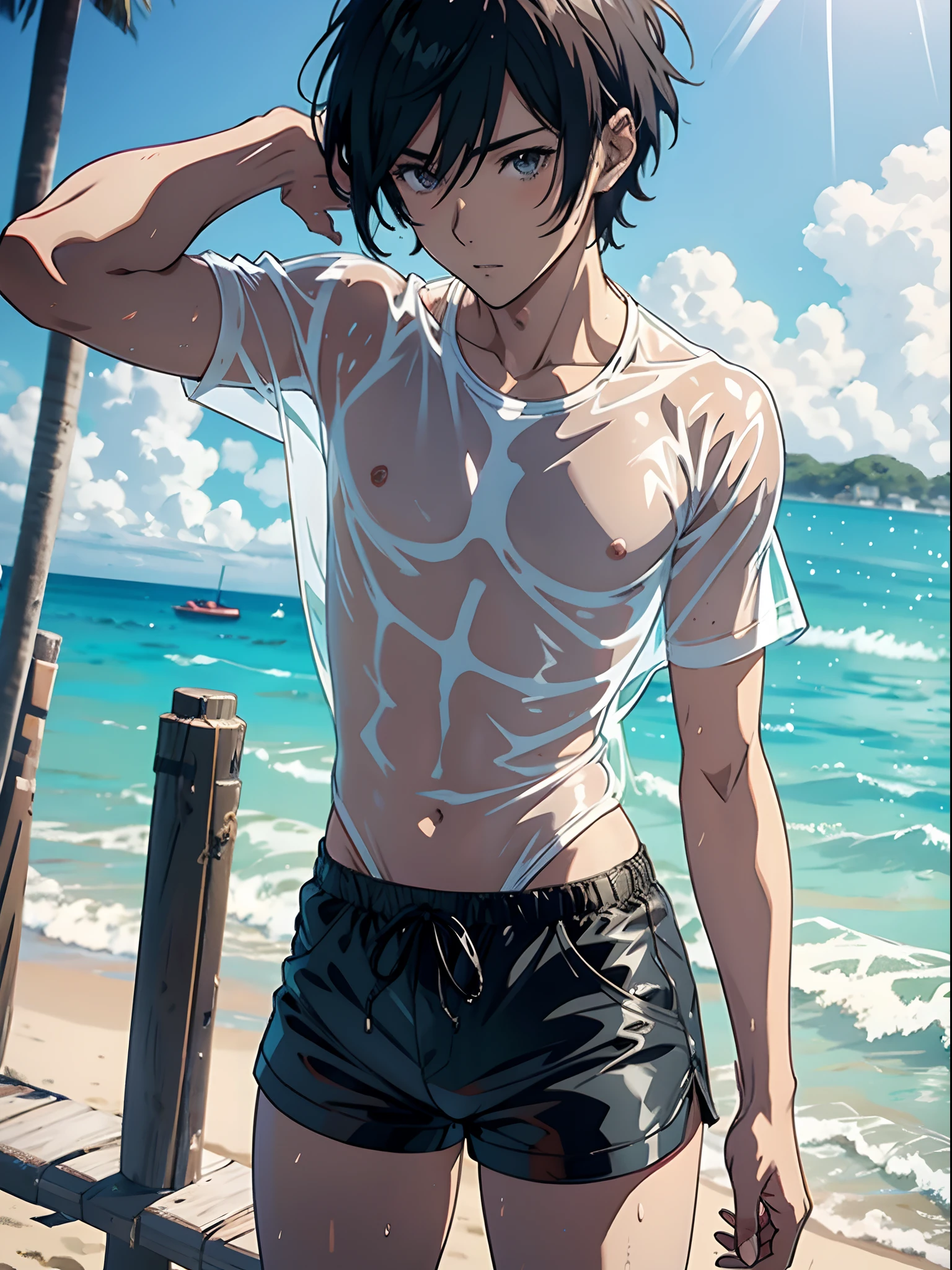 Anime sexy guy in wet, translucent clothing, Short shorts, at a beach, detailed picture