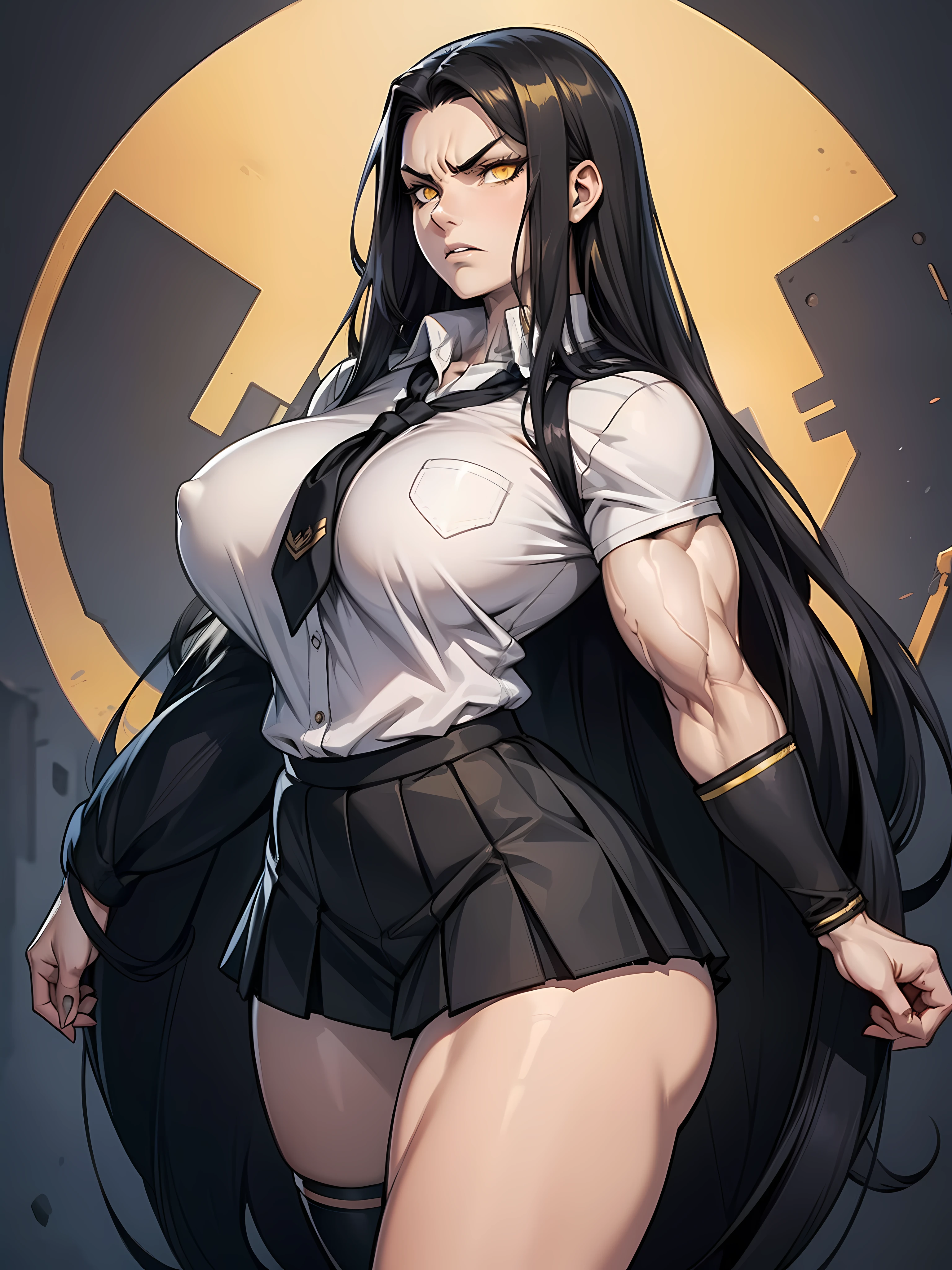 (1girl), black hair, extremely long hair, yellow eyes, (((muscular))), huge breasts, thick thighs, solo, angry, (pale skin), cowboy shot, (school uniform)