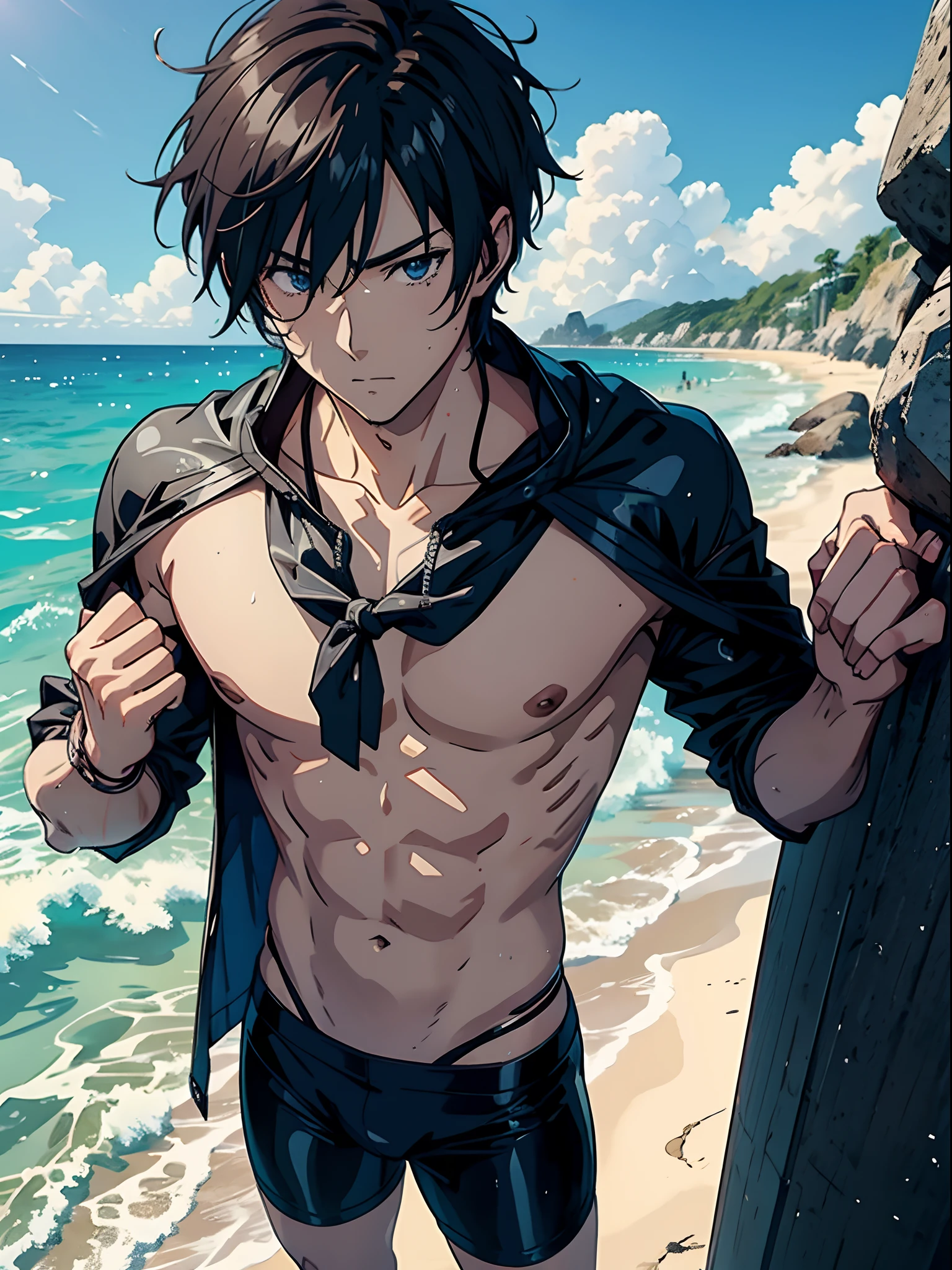 Anime sexy guy in wet clothes, at a beach, detailed picture