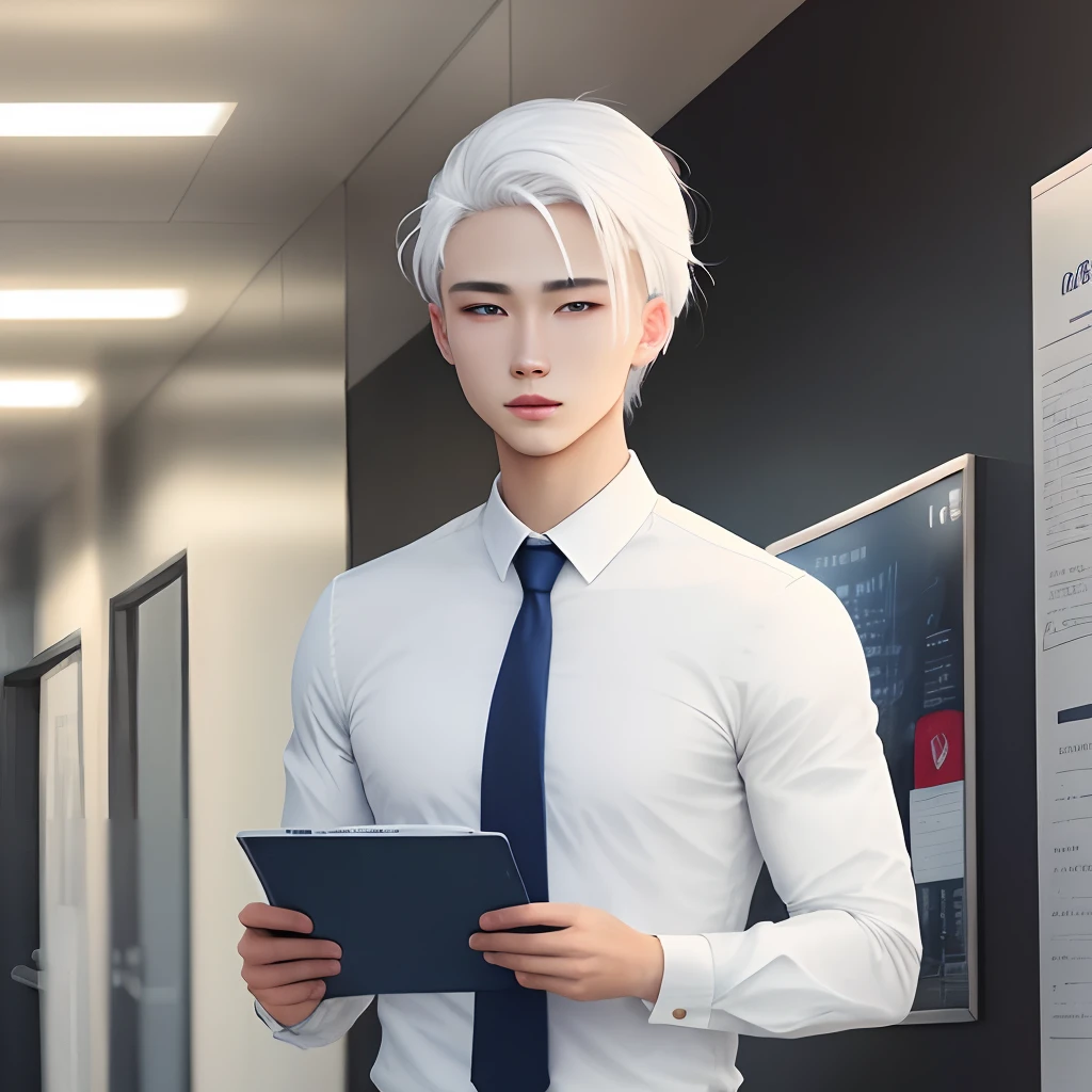 white colored hair,shirt,blue tie,blue eyes,Straight short hair,business pants