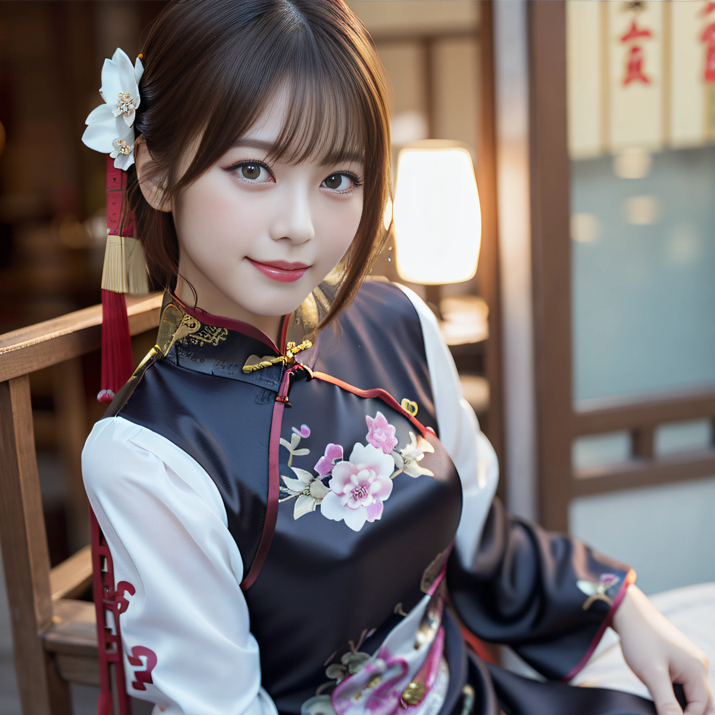 in 8K,Best Quality:1.4, 超A high resolution:1.5, (Photorealistic:1.4),masterpiece:1.2,(top-quality:1.4)、 Raw photo、 1a japanese girl、 Cute、middlebreasts:1.5、 (Solo:1.4)、Chinese Restaurant、 (Shy smile:1.3), Smooth skin、30-years old:1.5、Beautiful black eyes、natural skin textures:1.3, realistic eyes and face details:1.8、 (Brown medium hair,Bangs), (touch hair:1.4)、nogizaka、 (cheongsam clothing:1.5)、Supple fingertips、Beautiful black eyes、natural skin textures:1.3, realistic eyes and face details:1.7、gazing at viewer、FULL BODYSHOT:1.8、beauty legs、gravure、attractive girl、thighs thighs thighs thighs、is standing、At work