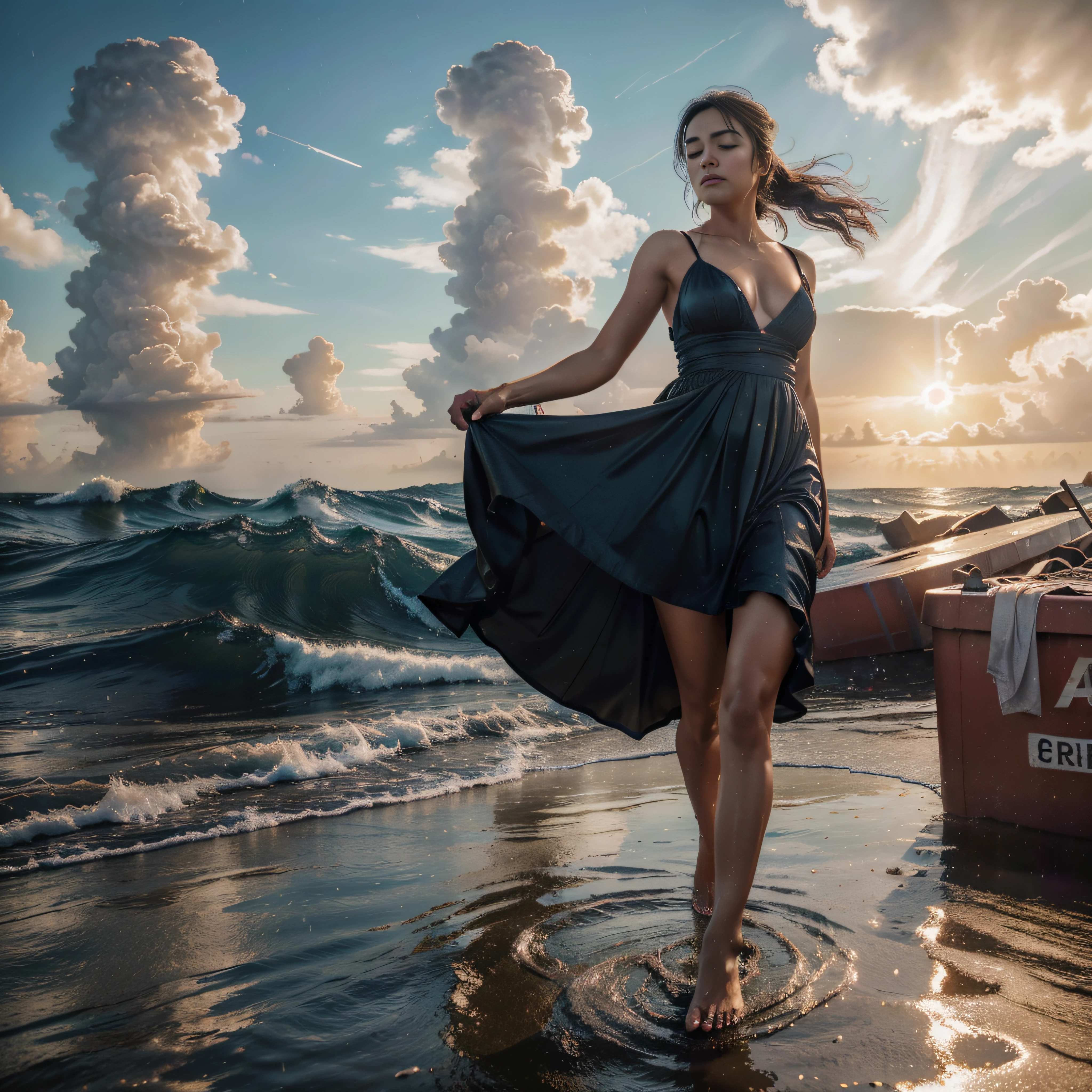 (YES NSFW), (1girl), 25yr old girl runs, girl alone escapes from floods and huge waves, (solo girl:1.3), Girl wearing a very long evening metal blue dress, windyupskirt, wind rises her dress showing groin area、((dress lift by yourself)))、(Lifted by yourself)、panties off、no panties、red blush、aparted lips、looking at the viewers、 wind moves dress showing her perfect ass. (Front view:1.3). Beautiful face. She runs down in Marrakesh streets. garbage dumpsters around, off-end road,abandoned building,Garbage all over the ground, City landscape. She escapes running from floods and huge waves, Beautiful perfect face. Closed eyes, slightly open mouth, smooth skin, real pores, (windyupskirt), heavy rain, hide one's hands、Do not show your hands. Fog, smoke, front view, best quality, fine details, {{masterpiece, best quality, extremely detailed CG, unity 8k wallpaper, cinematic lighting, lens flare}}. ((extreme detail)), (ultra-detailed), best quality, ultra high res, (8k, RAW photo, masterpiece, realistic, photorealistic:1.4), 8k uhd, dslr, absurdres, ray tracing, high quality texture, intricate details, detailed texture, finely detailed. Extremely Detailed CG Unity 8K Wallpapers、top-quality、masterpiece、realisitic、Photo Real, Dramatic lights, sunrise illumination, light scattering by particles in a colloid such as a very fine suspension (a sol), Tyndall effect, (tyndall effect:1.5)