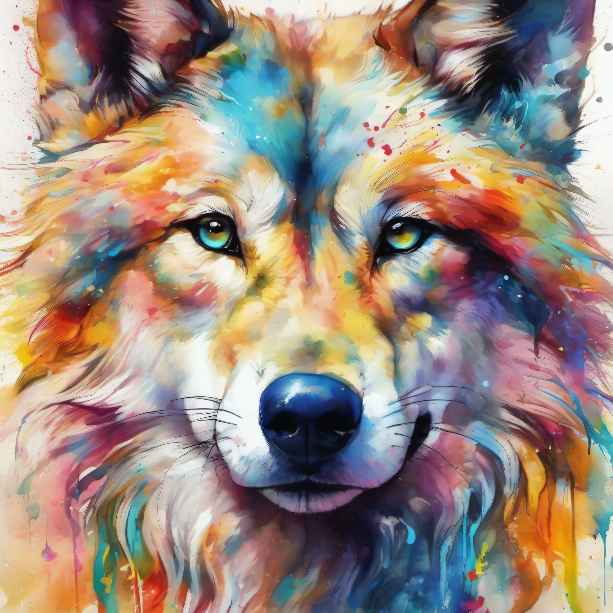 Draw a wolf with colorful ink on its face, archan nair, painted in bright water colors, animal drawing, vibrant watercolor painting, painting of cute dog, Stunning artwork, Surrealism with bright colors, plethora of colors，detail-rich, lovely digital painting, Amazing, digital art animal photo, colorful art, art of alessandro pautasso, watercolor detailed art