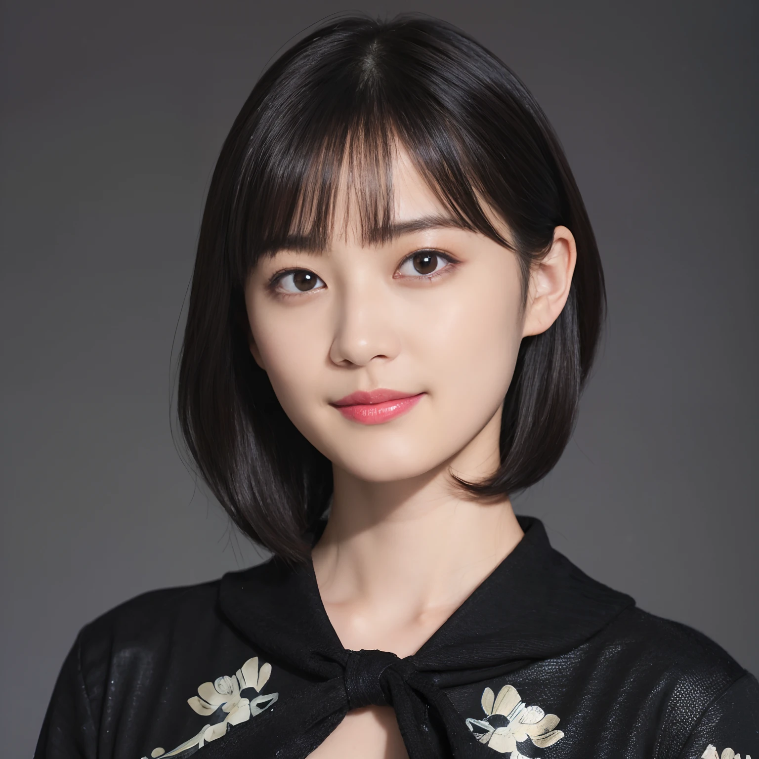 ((1womanl)), (((Black-short-hair))), (masuter piece:1,3)、top-quality、masterpiece、hight resolution、Original、highly detailed wallpaper、jeans、(tie up one's hair with a big ribbon), (A slight smil)、a small face、((full breasts))、(Graphic T-shirt with animal character printed)、(light on face)、Live-action style, Beautiful facial features, darkened room, full-shot, full length