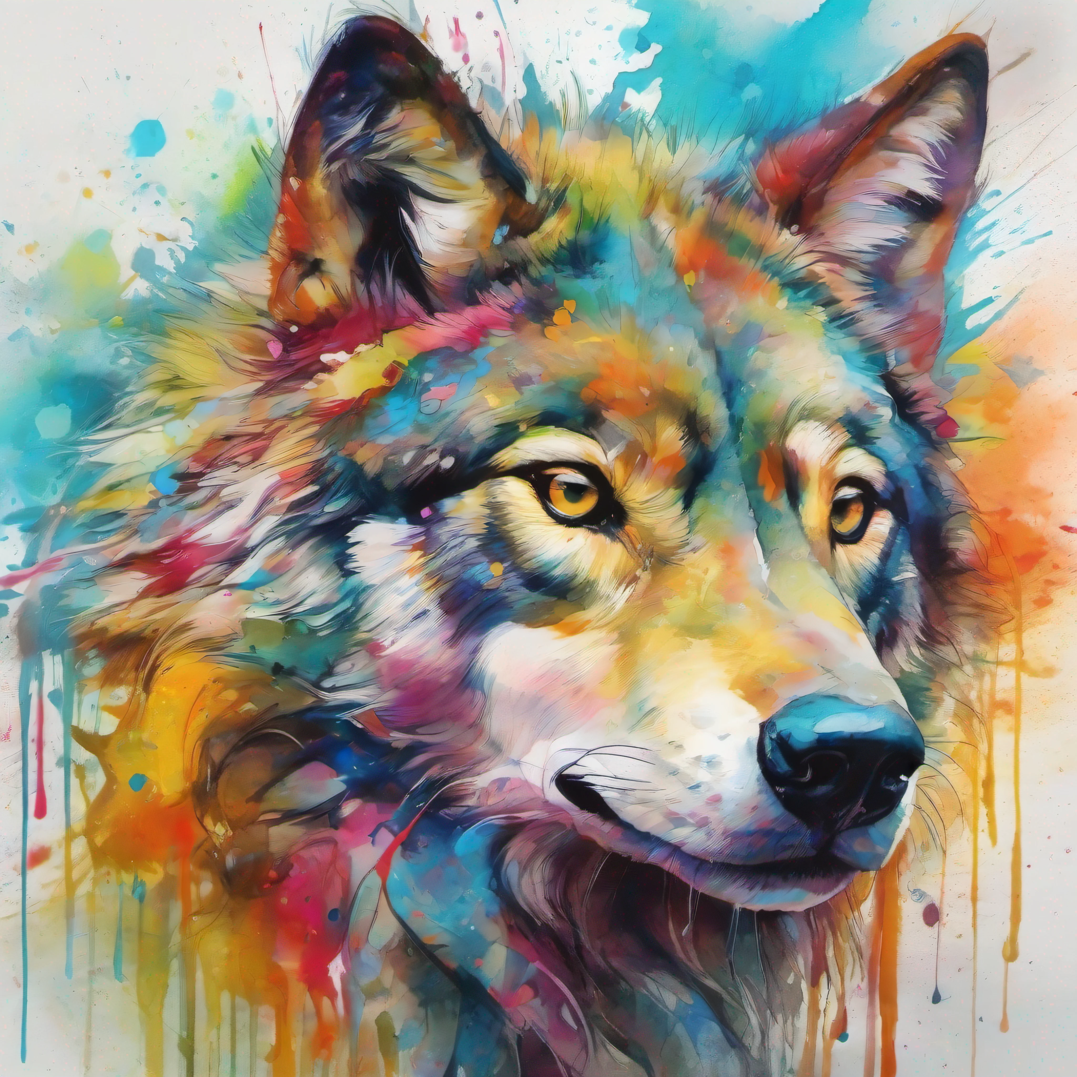 Draw a wolf with colorful ink on its face, archan nair, painted in bright water colors, animal drawing, vibrant watercolor painting, painting of cute dog, Stunning artwork, Surrealism with bright colors, plethora of colors，detail-rich, lovely digital painting, Amazing, digital art animal photo, colorful art, art of alessandro pautasso, watercolor detailed art