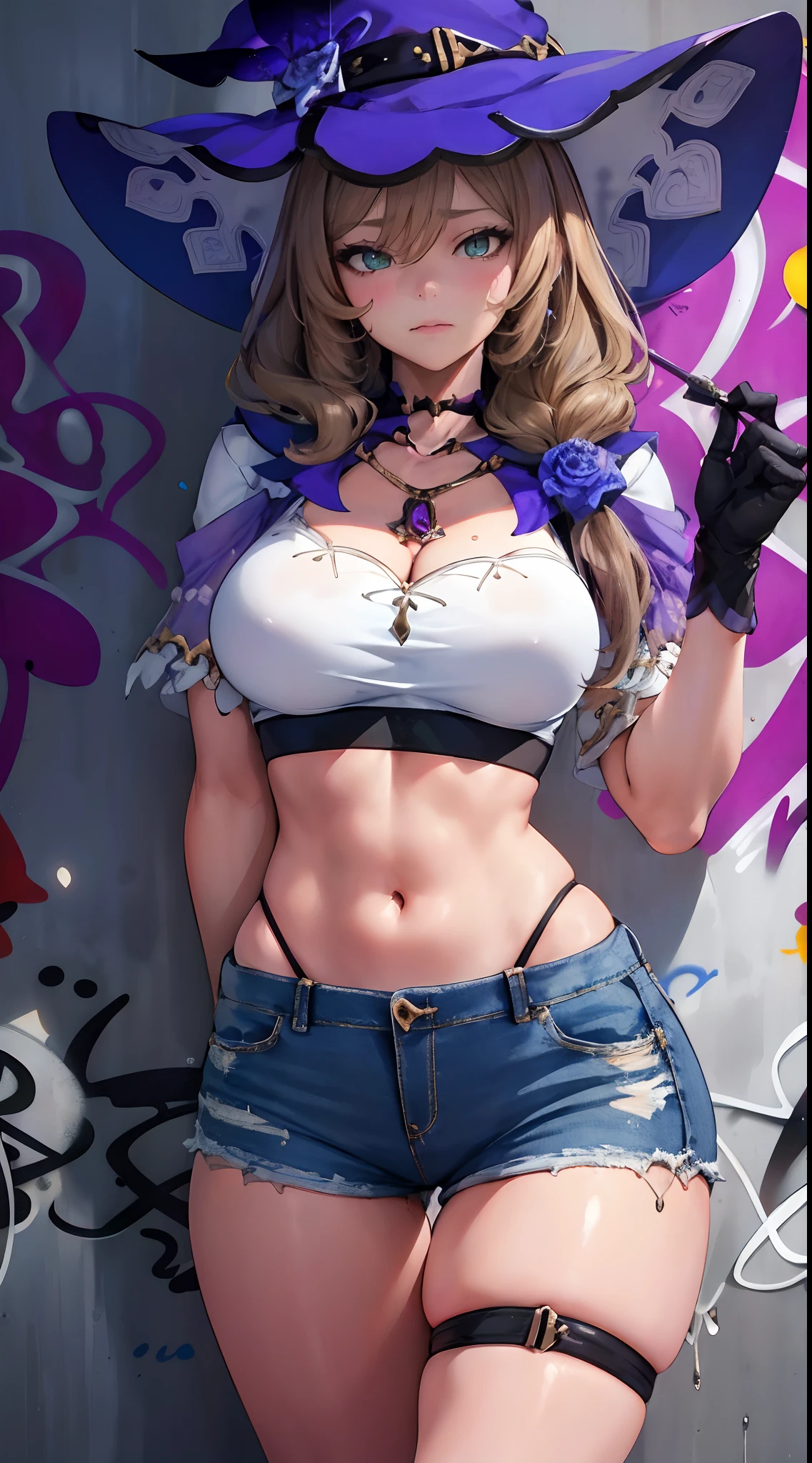 Lisa|genshin impact, master-piece, bestquality, 1girls,25 years old, shorts jeans, oversized breasts, ,bara, crop top, shorts jeans, choker, (Graffiti:1.5), Splash with purple lightning pattern., arm behind back, against wall, View viewers from the front., Thigh strap, Head tilt, bored, water eyes,