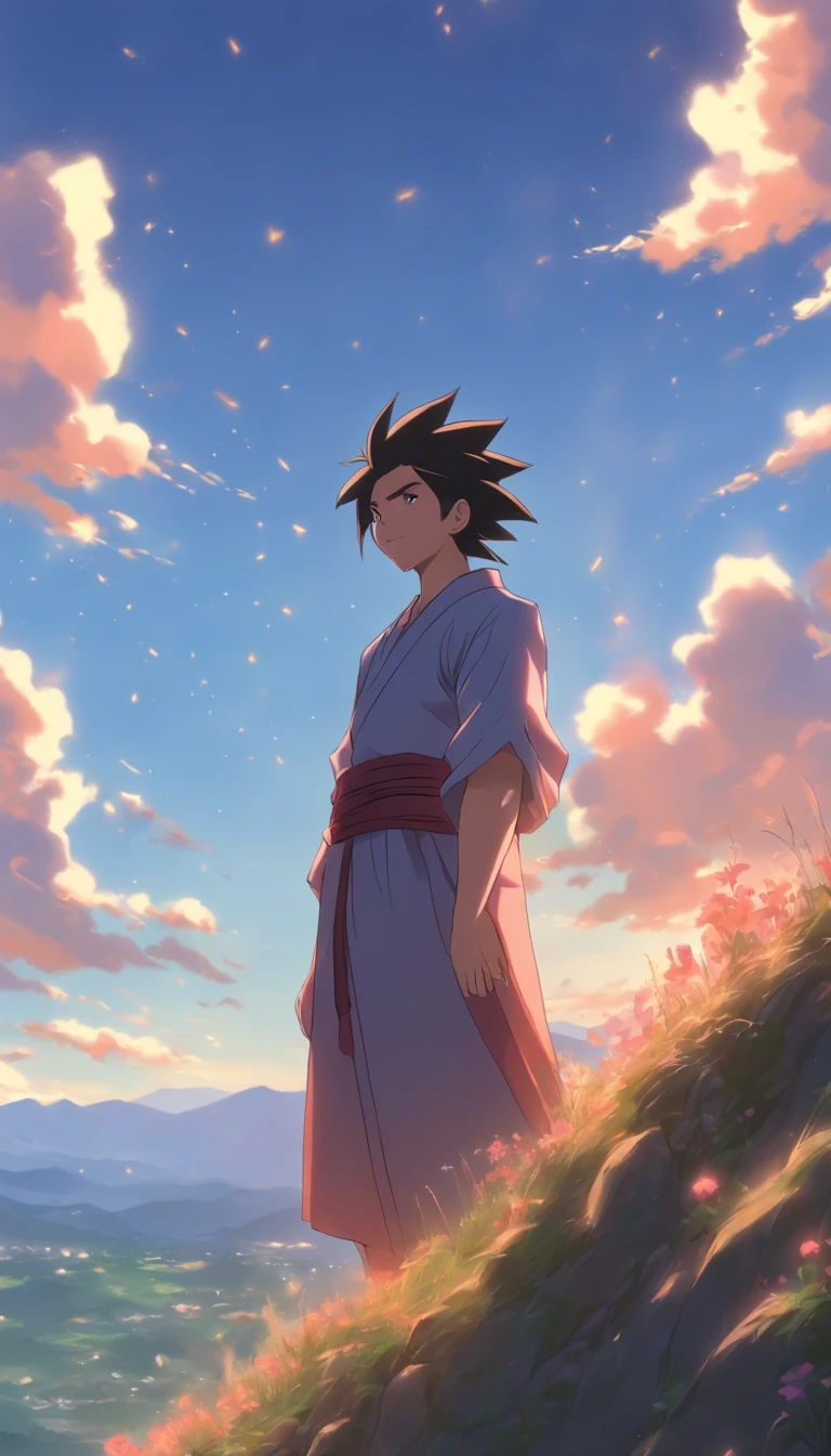 /imagine prompt: Nalan Waner stands on a hill, with a melancholy smile on her face, a blue sky and mountains in the background. Her father, Elder He, stands beside her, with a look of reluctance in his eyes.,32k, best quality, masterpiece, super detail, high details, by Makoto Shinkai ,in the style of the stars art group xing xing, --niji 5"