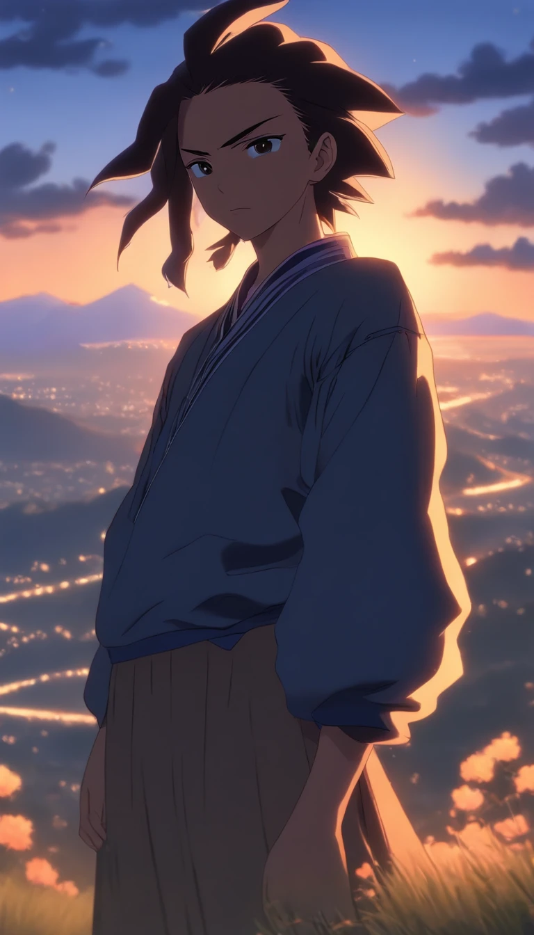 /imagine prompt: Nalan Waner stands on a hill, with a melancholy smile on her face, a blue sky and mountains in the background. Her father, Elder He, stands beside her, with a look of reluctance in his eyes.,32k, best quality, masterpiece, super detail, high details, by Makoto Shinkai ,in the style of the stars art group xing xing, --niji 5"