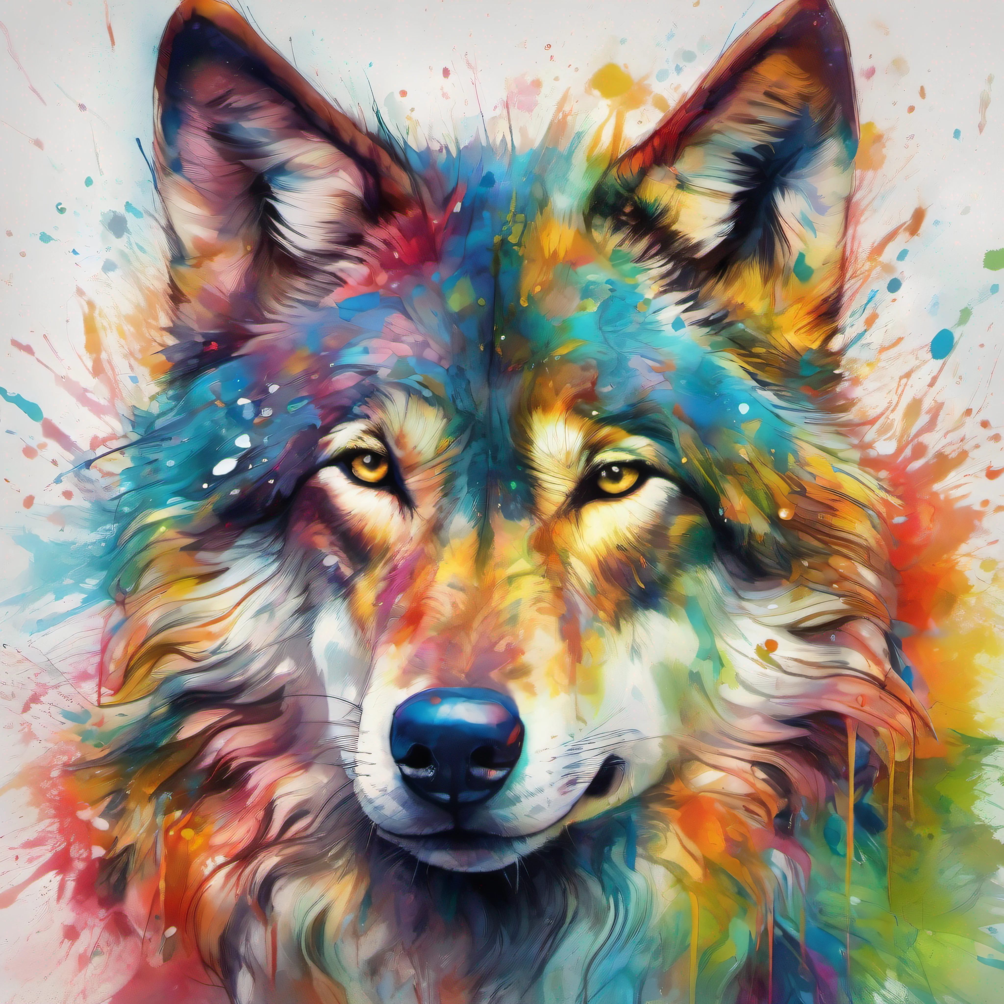 Splash art, a wolf head, ((white background)), piercing eyes, epic Instagram, artstation, splash style of colorful paint, contour, hyperdetailed intricately detailed , unreal engine, fantastical, intricate detail, splash screen, complementary colors, fantasy concept art, 8k resolution, deviantart masterpiece, oil painting, heavy strokes, paint dripping, splash arts