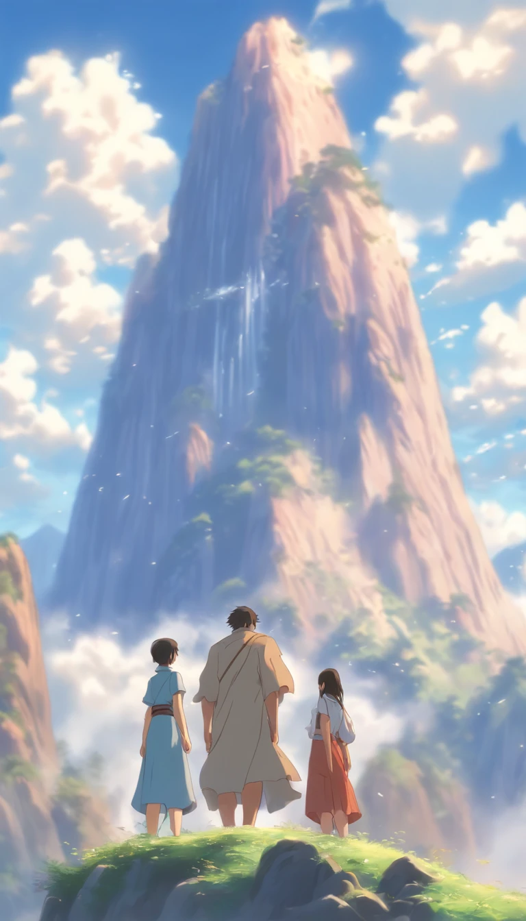 /imagine prompt: A tall man standing at the foot of the mountain, with two obedient and well-behaved girls standing beside him, smiling. More than 100 disciples following them in a grand manner. The background is a magnificent mountain range and a blue sky with white clouds. ,32k, best quality, masterpiece, super detail, high details, by Makoto Shinkai ,in the style of the stars art group xing xing, --niji 5"