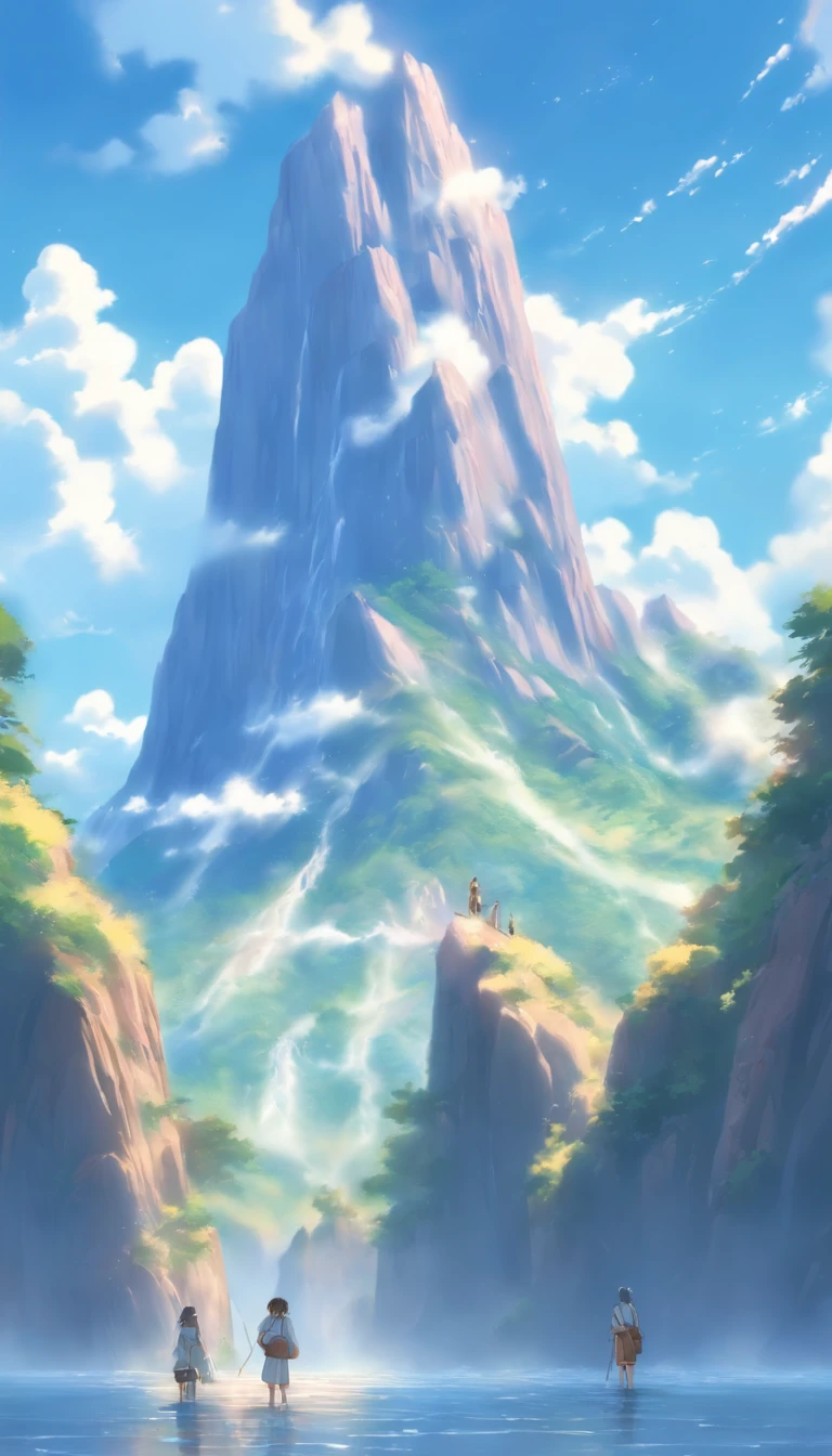/imagine prompt: A tall man standing at the foot of the mountain, with two obedient and well-behaved girls standing beside him, smiling. More than 100 disciples following them in a grand manner. The background is a magnificent mountain range and a blue sky with white clouds. ,32k, best quality, masterpiece, super detail, high details, by Makoto Shinkai ,in the style of the stars art group xing xing, --niji 5"
