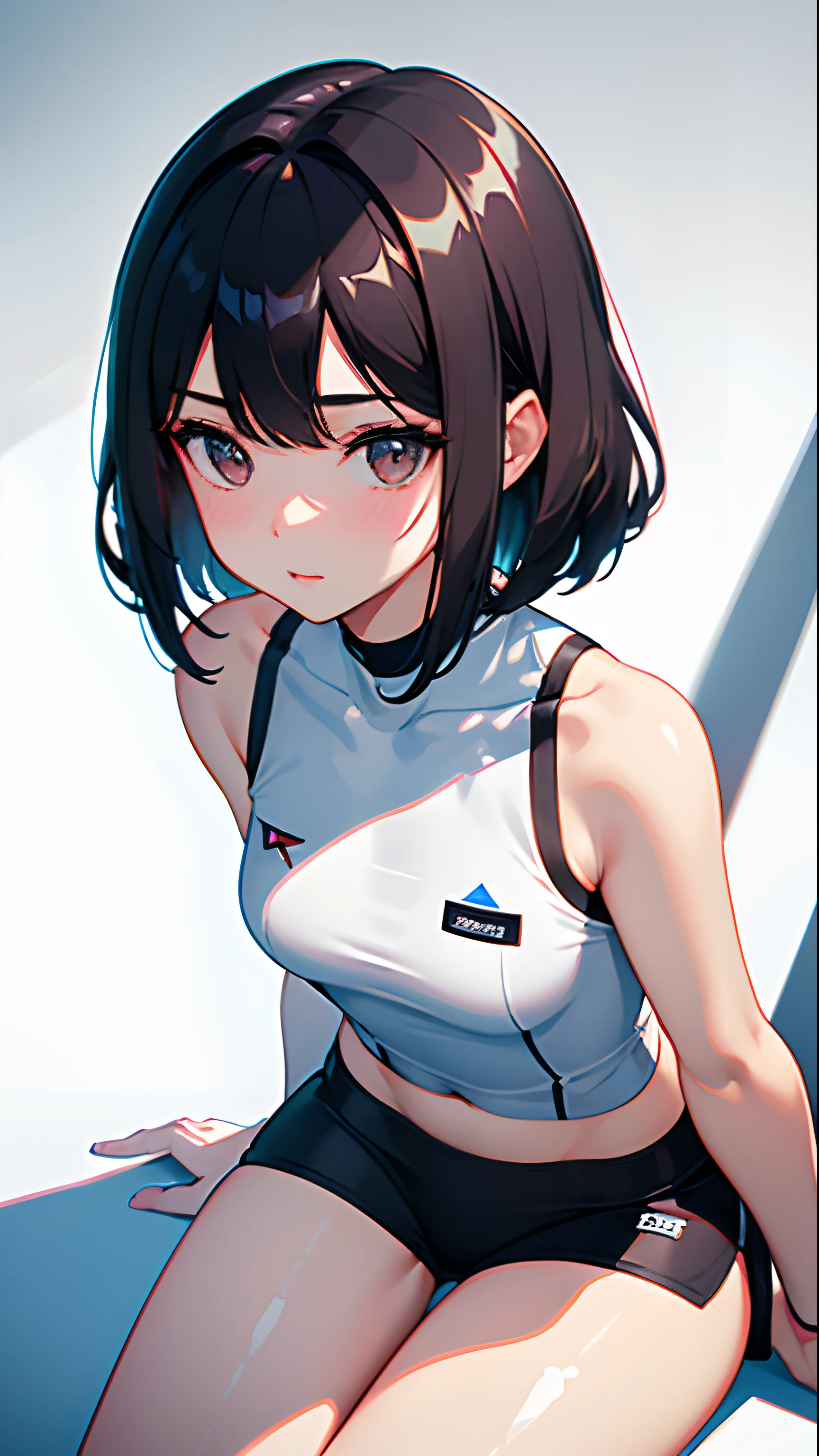 -yeld gi, 独奏, full bodyesbian, distinct clavicle, White sports vest, White sneakers, white mini-skirt, tmasterpiece, Best quality at best, realisticlying, ultra - detailed, (shiny skins, perspired:1.4), absurderes, looking at viewert, with short black hair, with brown eye,slenderness,Dynamic light and shadow,A high resolution,Sharp focus,depth of fields,The eyes are delicate,Sharp pupils,pupil realistic,(Thigh thick:1.0),exteriors